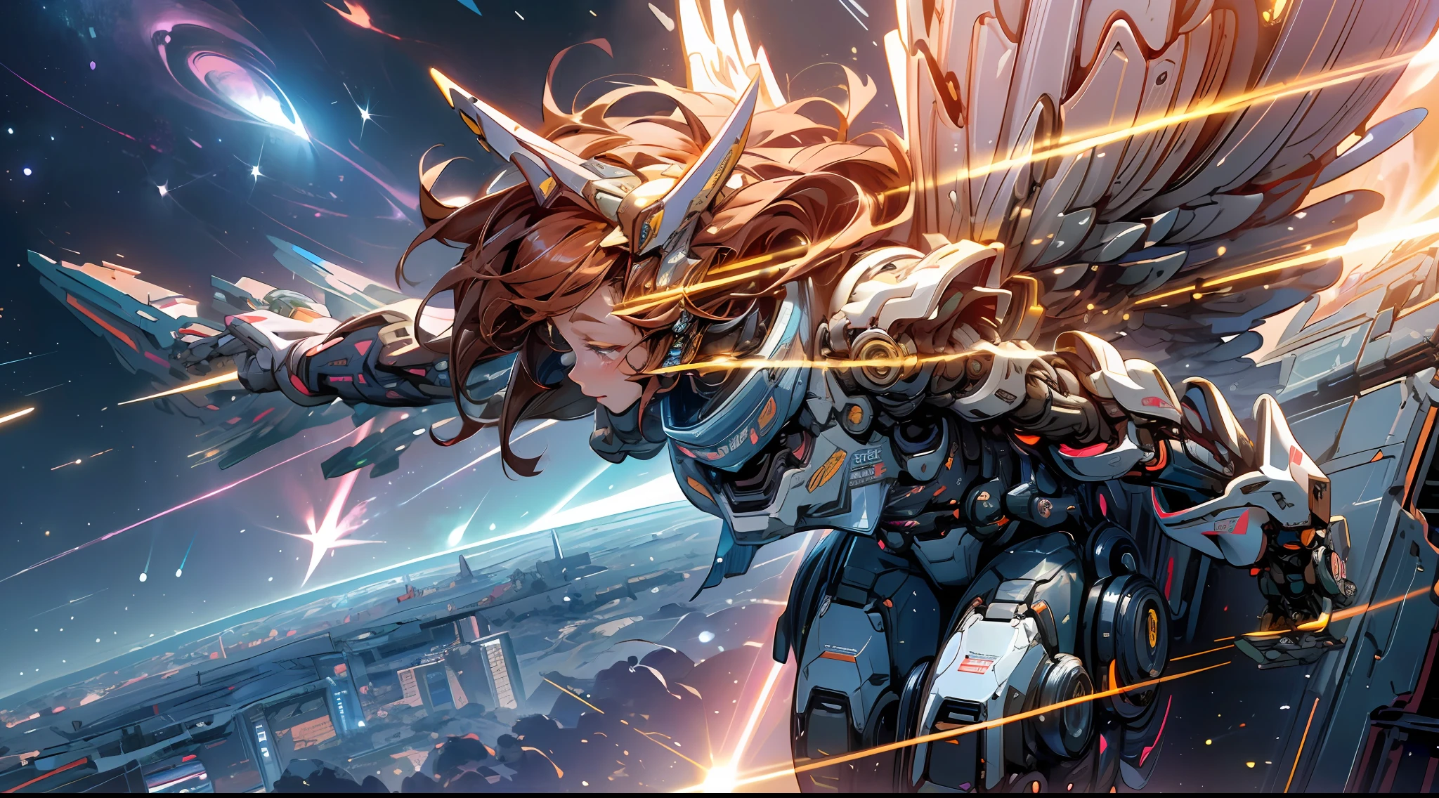 (female mech: 1.2), female robot, giant mechanical wings, mech wings, (flying in space: 1.3), comet fragments , glowing eyes, red mecha, science fiction, space, reality, mecha, galaxy background, neon lights, cyberpunk, HD wallpaper, CG art, nebulas, galaxies, stars