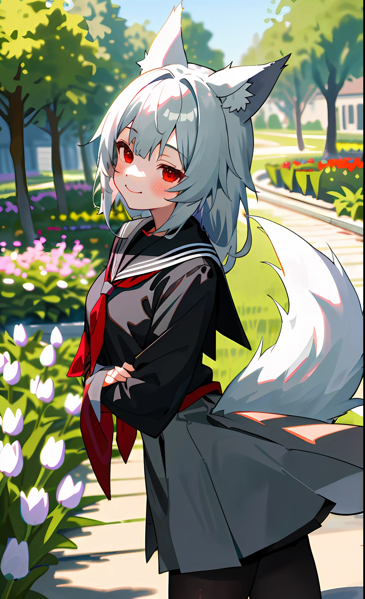 masterpiece,1 girl,solo,sila school,big, light smile, outdoors,garden,spring,black_pantyhose,masterpiece, best quality, sfw, cute wolf girl, girl, silver hair, big, red eyes, wolf ears, wolf tail,