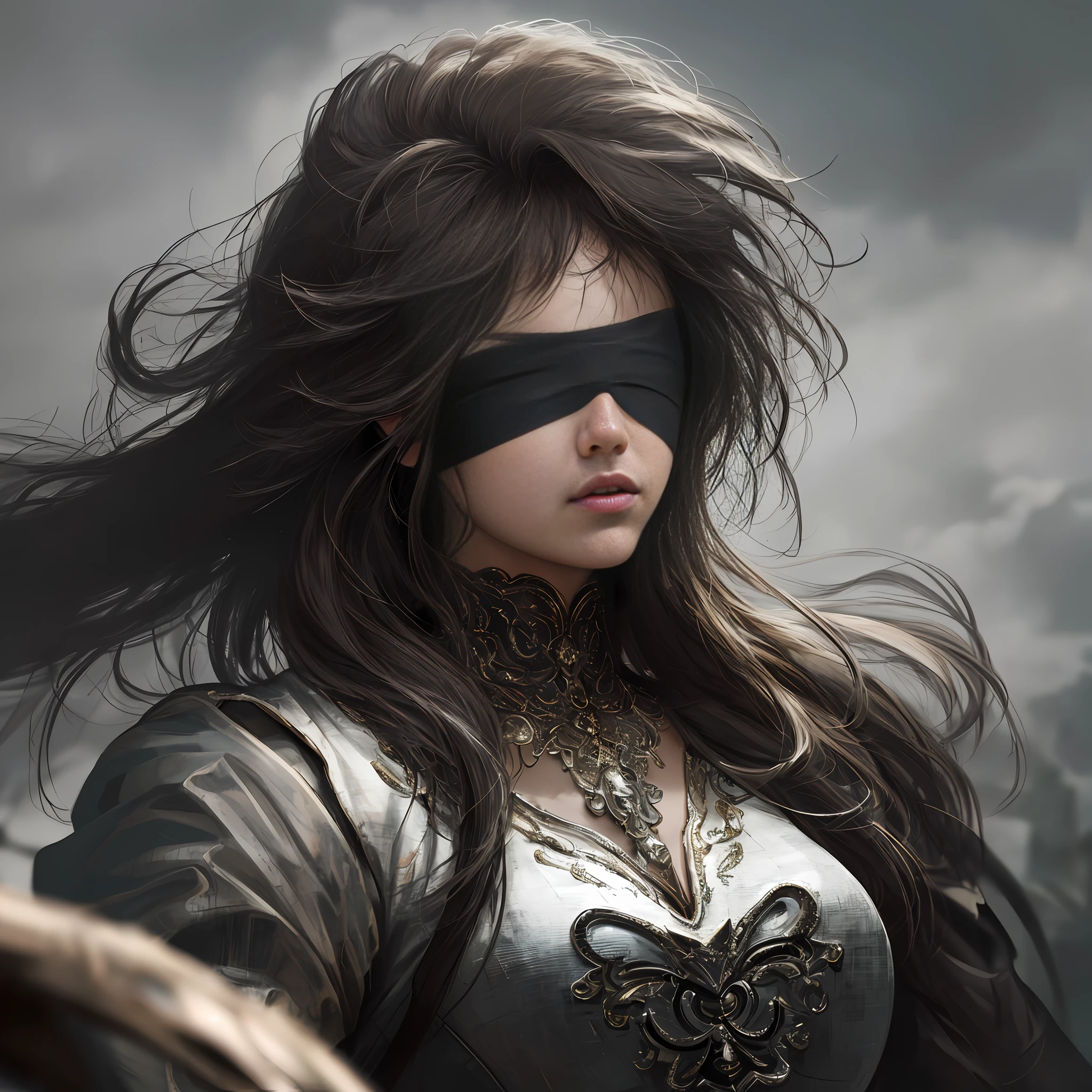 masterpiece, best quality, ultra realistic, hyper-detailed, 8k resolution, RAW photo, (1girl), solo, gorgeous face, perfect body, mature female, 25yo, close up portrait, dress, sexy, messy hair, (blindfold), cinematic, cinematic light, dark theme