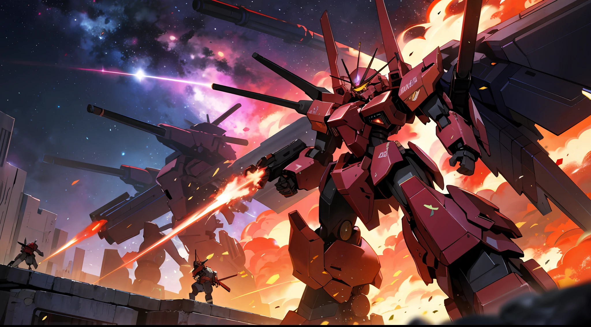 A war of colored armored Cores mechas in a flaming city, red cosmic nebulas sky on fire