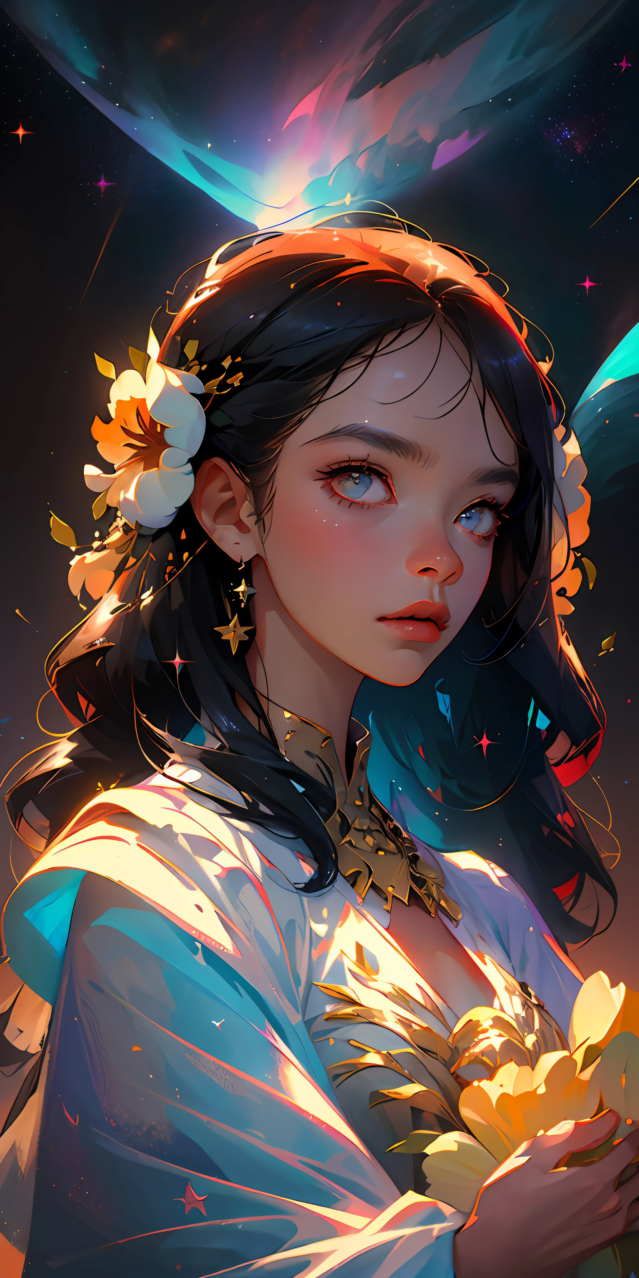 (best quality, masterpiece), 1girl, pose, particle, wind, flower, upper body, simple background, looking at viewer, black wildly hair, cosmic, nebulas, galaxy
