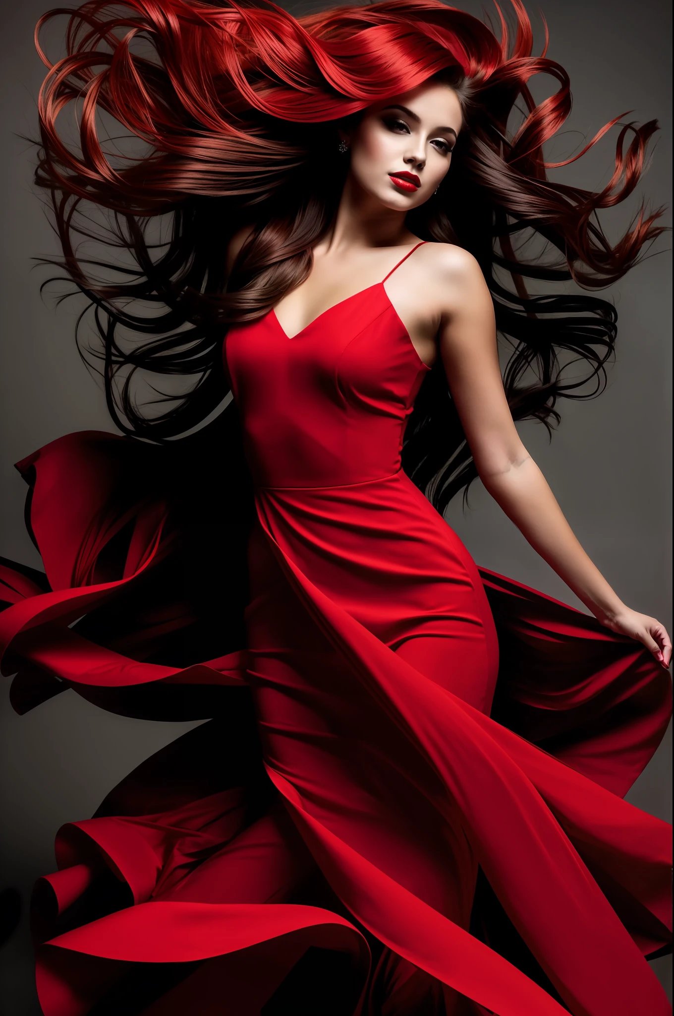 (painted, beautiful woman, high contrast, dynamic pose), flowing hair, red dress, mysterious atmosphere