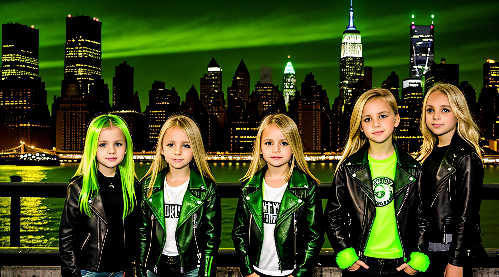 3 kids girls WITH STRAIGHT blonde HAIR, green leather jacket and black outfit. PORTRAT STYLE, image of a city skyline with a bridge and a green glow, detalized background of new york, green glow, ny, green glow, brooklyn background, green ambient light, new york background, new york city background, bright green, radioactive glow green, neon green, sickening green colors, gotham city background, new york city as a backdrop, New York