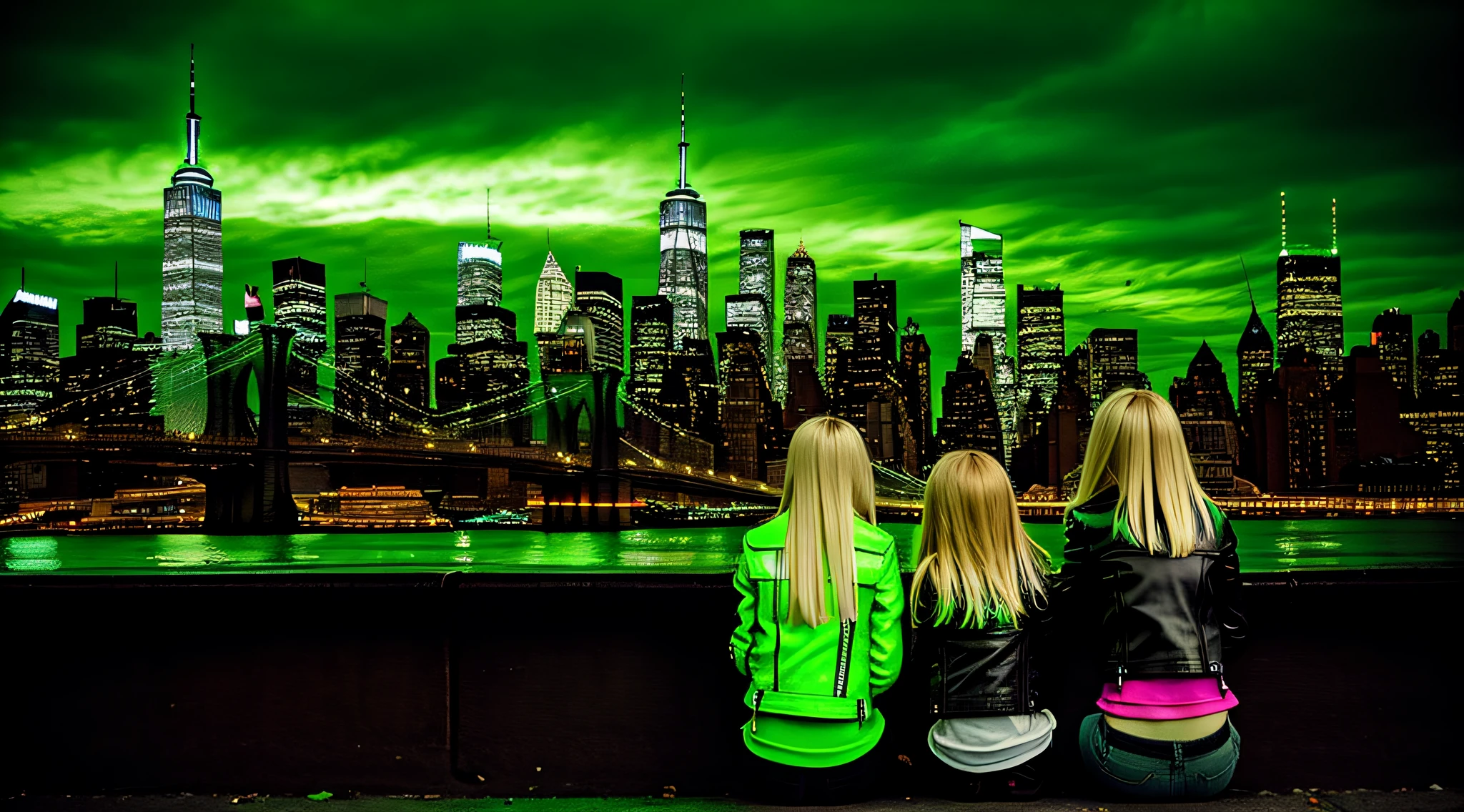 3 kids girls WITH STRAIGHT blonde HAIR, green leather jacket and black outfit. PORTRAT STYLE, image of a city skyline with a bridge and a green glow, detalized background of new york, green glow, ny, green glow, brooklyn background, green ambient light, new york background, new york city background, bright green, radioactive glow green, neon green, sickening green colors, gotham city background, new york city as a backdrop,  New York
