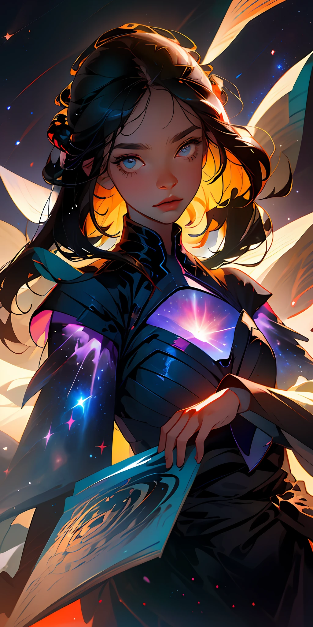 (best quality, masterpiece), 1girl, reading a book, particle, wind, flower, upper body, simple background, looking at viewer, black wildly hair, cosmic, nebulas, galaxy