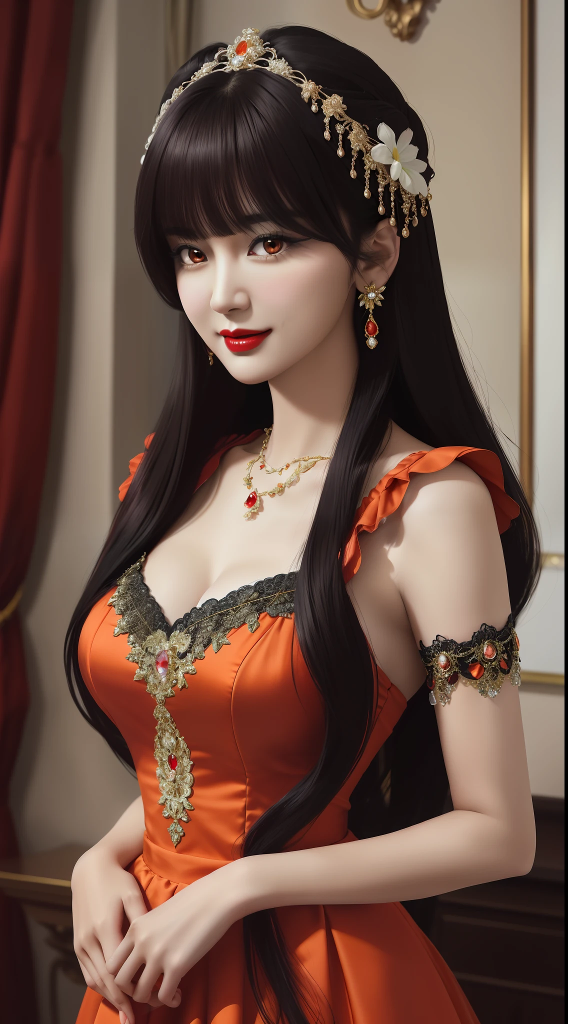 1 beautiful mature girl, looking at viewer, upper body, realistic,real girl, The girl is shy and embarrassed, Front bangs, large breasts and round, excessively frilled princess dress, draped clothes, flawless face, jewelry, ornament, flower, lace trim, beautiful big and round orange eyes, sharp eyebrows, very sharp and detailed peacock eyelashes and makeup, red lips, Smile without opening your lips, long silky black hair and jewelry clips, masterpiece, best quality, 8k, detailed skin texture, detailed cloth texture, beautiful detailed face, intricate details, ultra detailed, rim lighting, side lighting, cinematic light, ultra high res, 8k uhd, film grain,best shadow, delicate, RAW