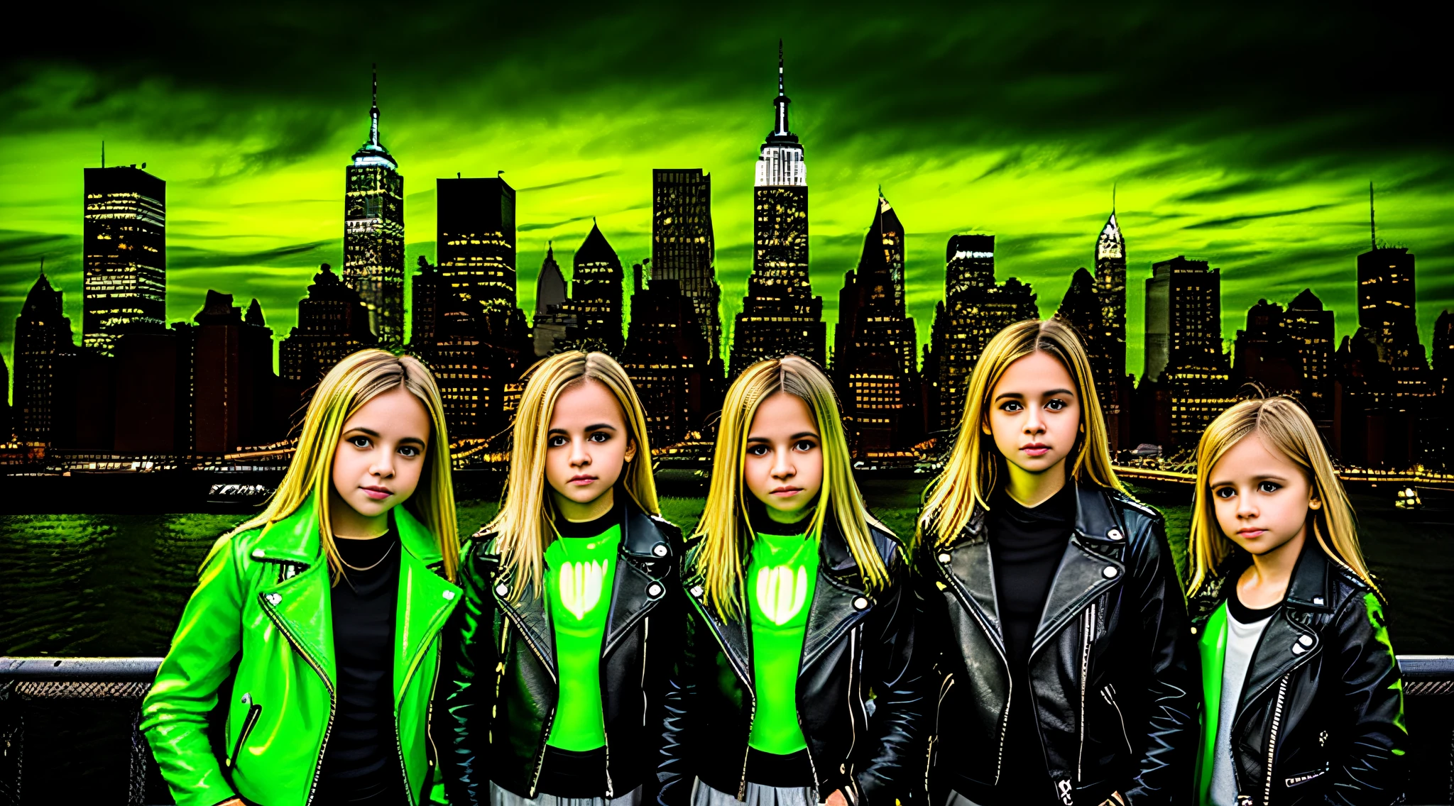 3 kids girls WITH STRAIGHT blonde HAIR, green leather jacket and black outfit. PORTRAT STYLE, image of a city skyline with a bridge and a green glow, detalized background of new york, green glow, ny, green glow, brooklyn background, green ambient light, new york background, new york city background, bright green, radioactive glow green, neon green, sickening green colors, gotham city background, new york city as a backdrop,  New York