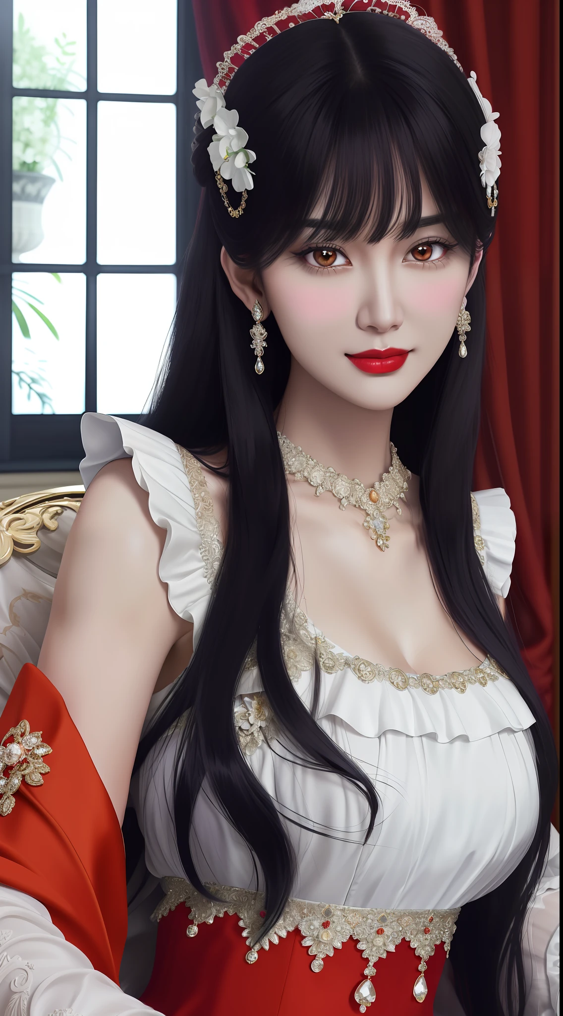 1 beautiful mature girl, looking at viewer, upper body, realistic,real girl, The girl is shy and embarrassed, Front bangs, large breasts and round, excessively frilled princess dress, draped clothes, flawless face, jewelry, ornament, flower, lace trim, beautiful big and round orange eyes, sharp eyebrows, very sharp and detailed peacock eyelashes and makeup, red lips, Smile without opening your lips, long silky black hair and jewelry clips, masterpiece, best quality, 8k, detailed skin texture, detailed cloth texture, beautiful detailed face, intricate details, ultra detailed, rim lighting, side lighting, cinematic light, ultra high res, 8k uhd, film grain,best shadow, delicate, RAW