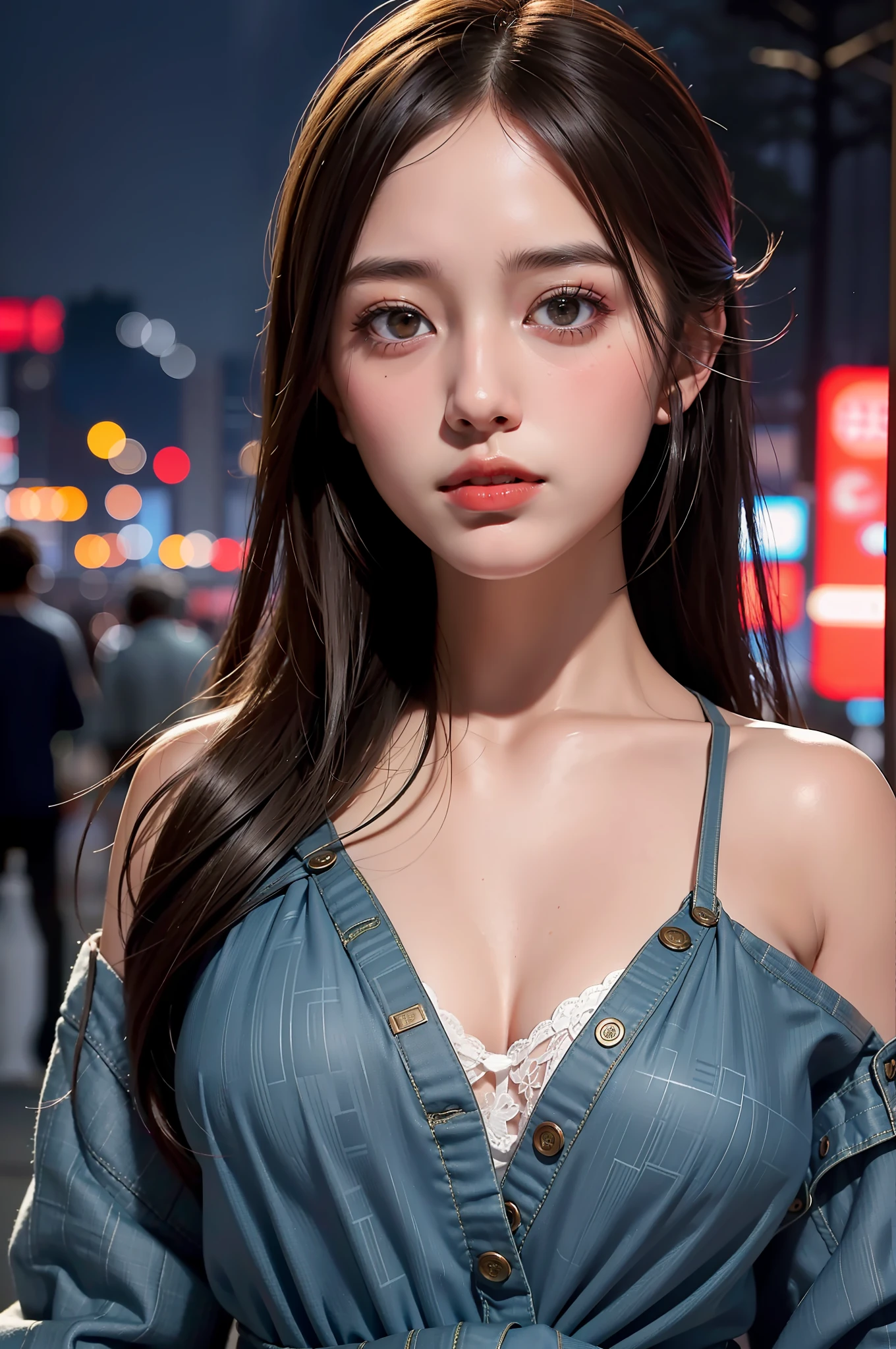 1girl, tokyo street, night, cityscape, city lights, bust, close up, 8k, raw photos, best quality, masterpiece, realistic, photo realistic,