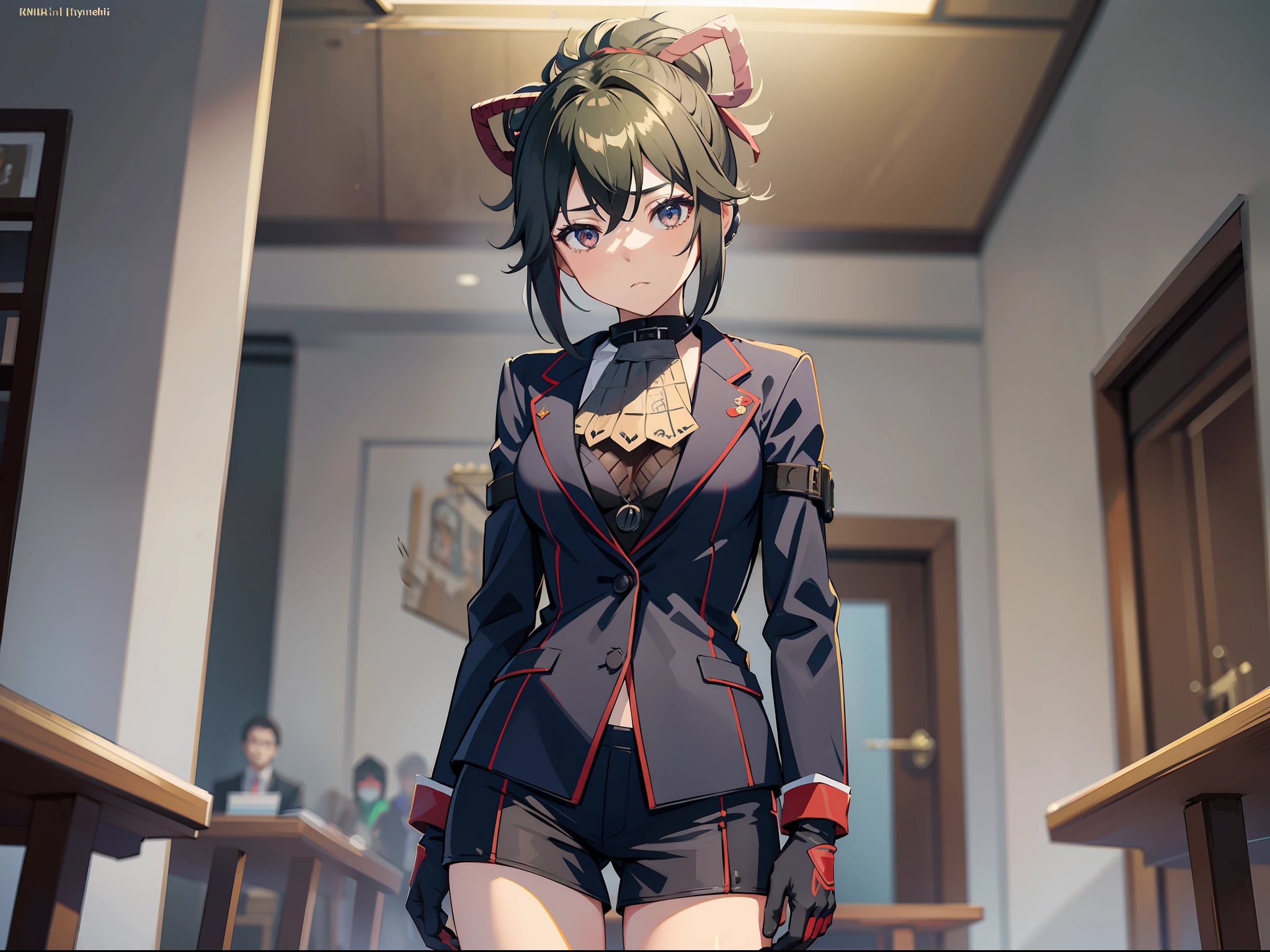 KShinobuV4, 1girl, solo, small breasts, gloves, hair between eyes, standing, full body, mask, in court, public speech, lawyer, suit attire, cowboy shot, masterpiece, best quality