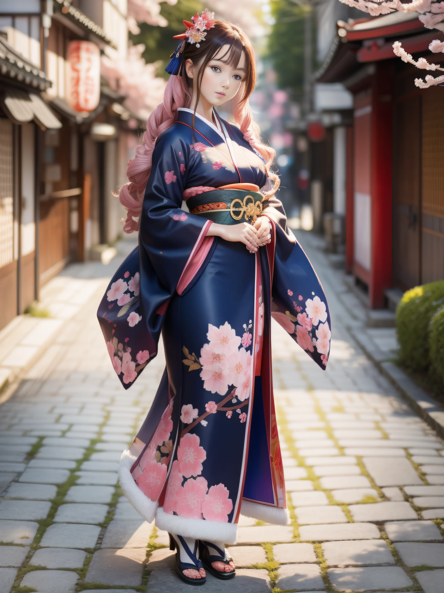 full body,full shot,sfw,beautiful russian girl in the image of a geisha with big bright blue eyes and long fluffy eyelashes Nordic type with a perfect miniature and graceful figure and very long and fluffy wavy wheat-colored hair stands full-length in the alley against a blooming Japanese pink sakura in a Japanese kimono colour NAVY BLUE and Japanese shoes gatte colour NAVY BLUE, The kimono of the girl is laced with intricate patterns of appliqué and embroidery of sakura blossoms, small breasts with bulges are translucent through the fabric, the ground on which the girl stands is studded with sakura petals, scene highly artistic, high resolution, sharp focus, Migjorni-V5 artistic style, hyperphotorealism, perfect proportions, golden ratio, flare, outline, sunlight, soft glow, soft focus, photography technique Monocle