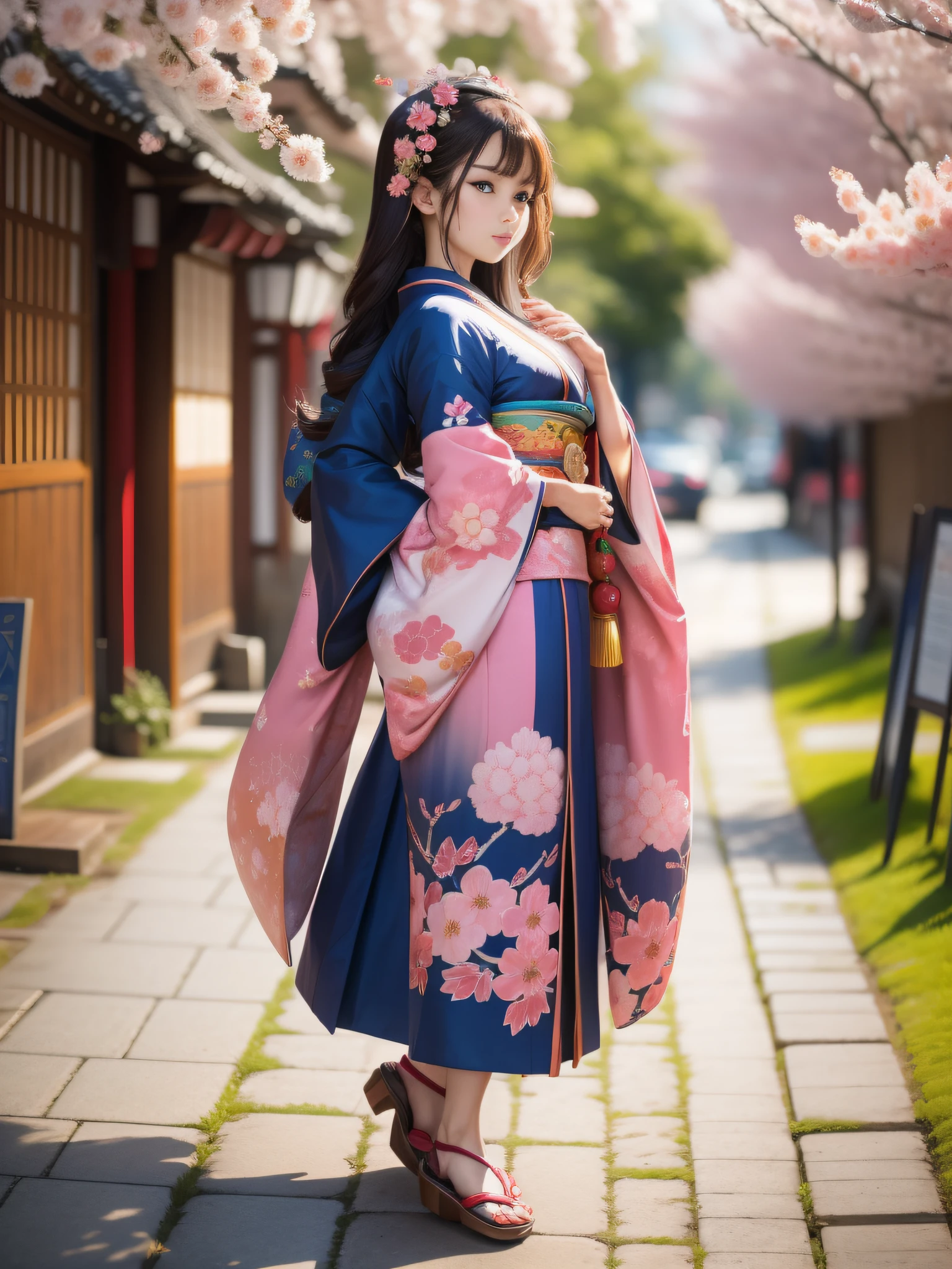 full body,full shot,sfw,beautiful russian girl in the image of a geisha with big bright blue eyes and long fluffy eyelashes Nordic type with a perfect miniature and graceful figure and very long and fluffy wavy wheat-colored hair stands full-length in the alley against a blooming Japanese pink sakura in a Japanese kimono colour NAVY BLUE and Japanese shoes gatte colour NAVY BLUE, The kimono of the girl is laced with intricate patterns of appliqué and embroidery of sakura blossoms, small breasts with bulges are translucent through the fabric, the ground on which the girl stands is studded with sakura petals, scene highly artistic, high resolution, sharp focus, Migjorni-V5 artistic style, hyperphotorealism, perfect proportions, golden ratio, flare, outline, sunlight, soft glow, soft focus, photography technique Monocle