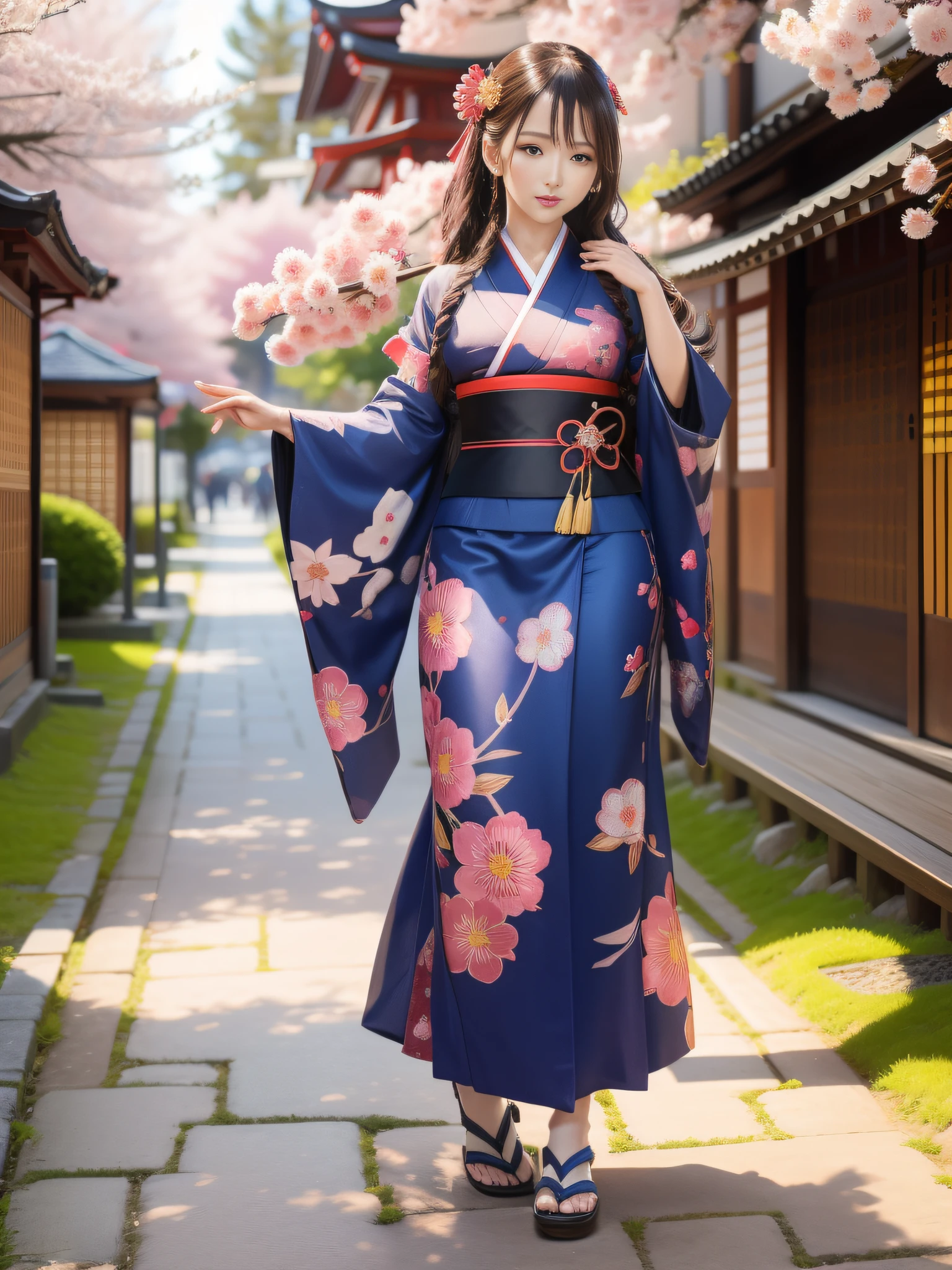 full body,full shot,sfw,beautiful russian girl in the image of a geisha with big bright blue eyes and long fluffy eyelashes Nordic type with a perfect miniature and graceful figure and very long and fluffy wavy wheat-colored hair stands full-length in the alley against a blooming Japanese pink sakura in a Japanese kimono colour NAVY BLUE and Japanese shoes gatte colour NAVY BLUE, The kimono of the girl is laced with intricate patterns of appliqué and embroidery of sakura blossoms, small breasts with bulges are translucent through the fabric, the ground on which the girl stands is studded with sakura petals, scene highly artistic, high resolution, sharp focus, Migjorni-V5 artistic style, hyperphotorealism, perfect proportions, golden ratio, flare, outline, sunlight, soft glow, soft focus, photography technique Monocle
