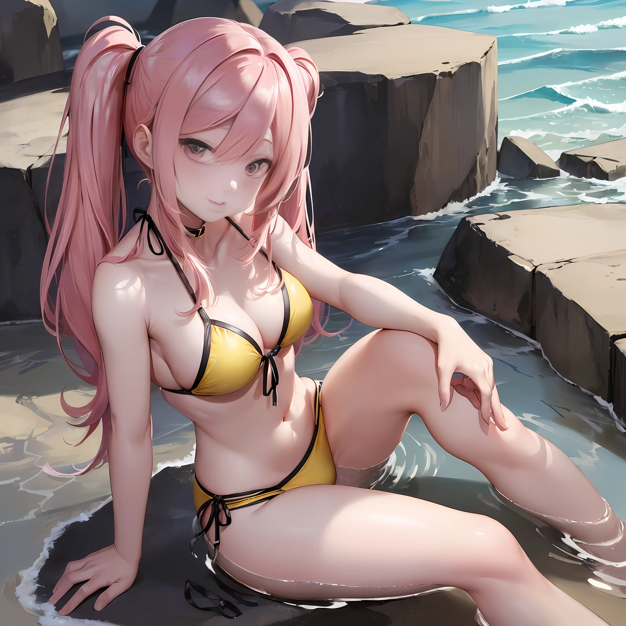 杰作级别的,最高画质,小萝莉,,(yellow bikini:1.3),凉鞋,twintails,sitting on ground,beach,全身,((萌态十足,cute)),性感,蓝色长发,大胸部,超透视,,,,((textured skin, anatomically correct, masterpiece, UHD, ccurate, high details, super detail, high quality, best quality, highres, 1080P)),outdoors,(,皮肤光泽,皮肤质量,full body:1.6)(:1.3), (Loli), (Fairn, (Beautiful Girl: 1.5), (Skin Quality: 1.5), (Glossy Skin,glowing pupils: 1.3), (Beautiful Girl), (Superb Body), medium Hair, (Straight Hair), ((pink Hair)), Hair with Beautiful Details,柔和光,curvy
