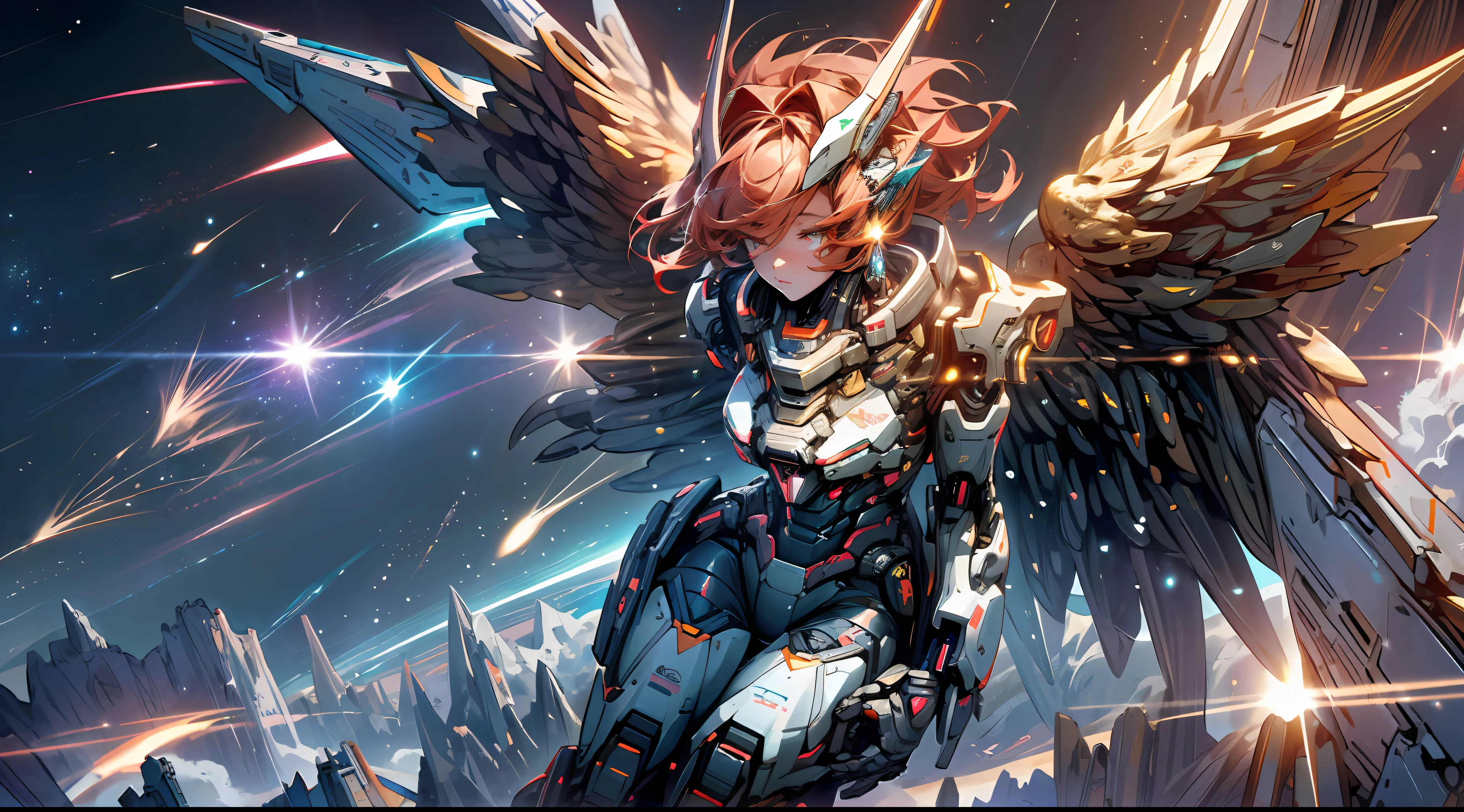(female mech: 1.2), female robot, giant mechanical wings, mech wings, (flying in space: 1.3), comet fragments , glowing eyes, red mecha, science fiction, space, reality, mecha, galaxy background, neon lights, cyberpunk, HD wallpaper, CG art, nebulas, galaxies, stars