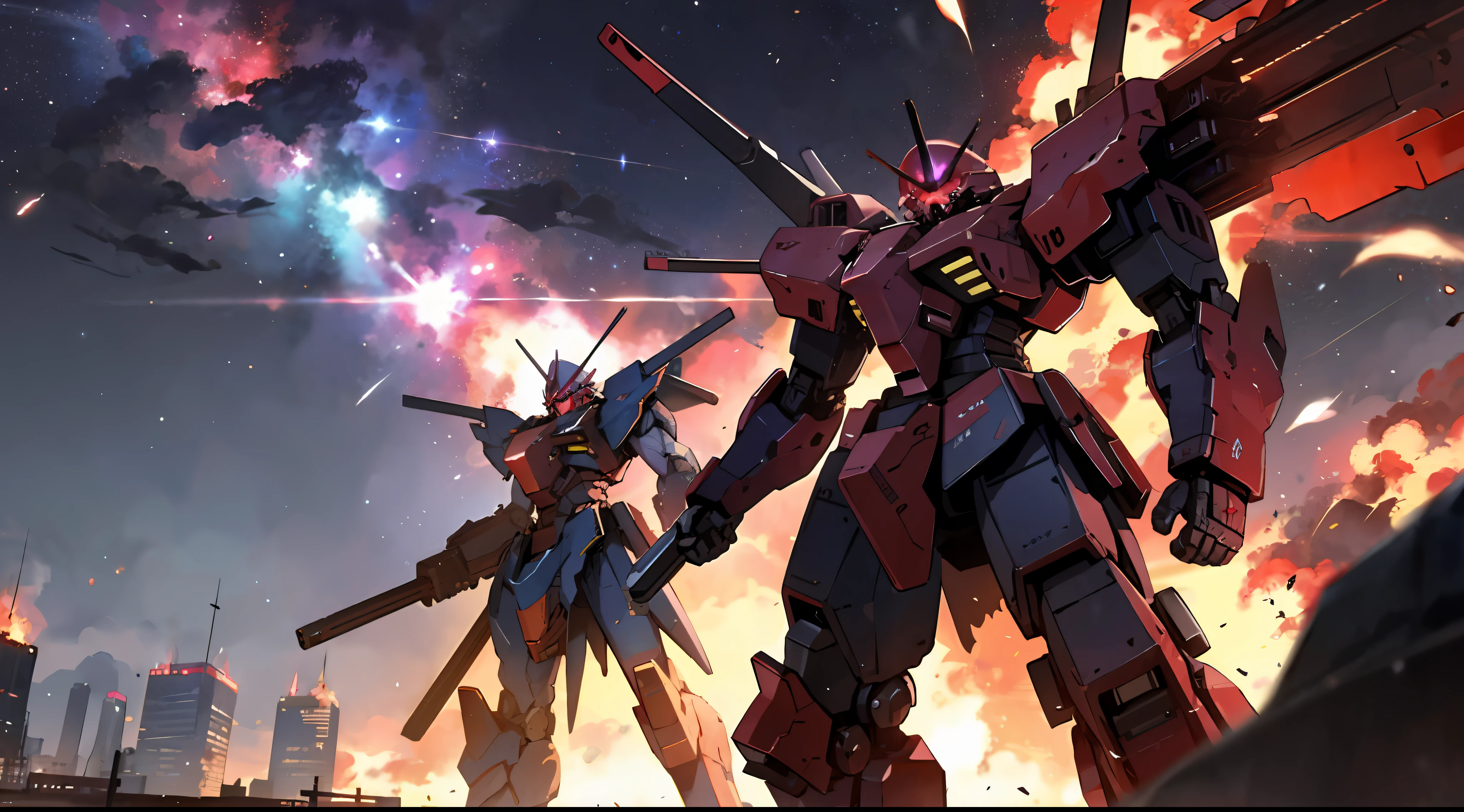 A war of colored armored Cores mechas in a flaming city, red cosmic nebulas sky on fire