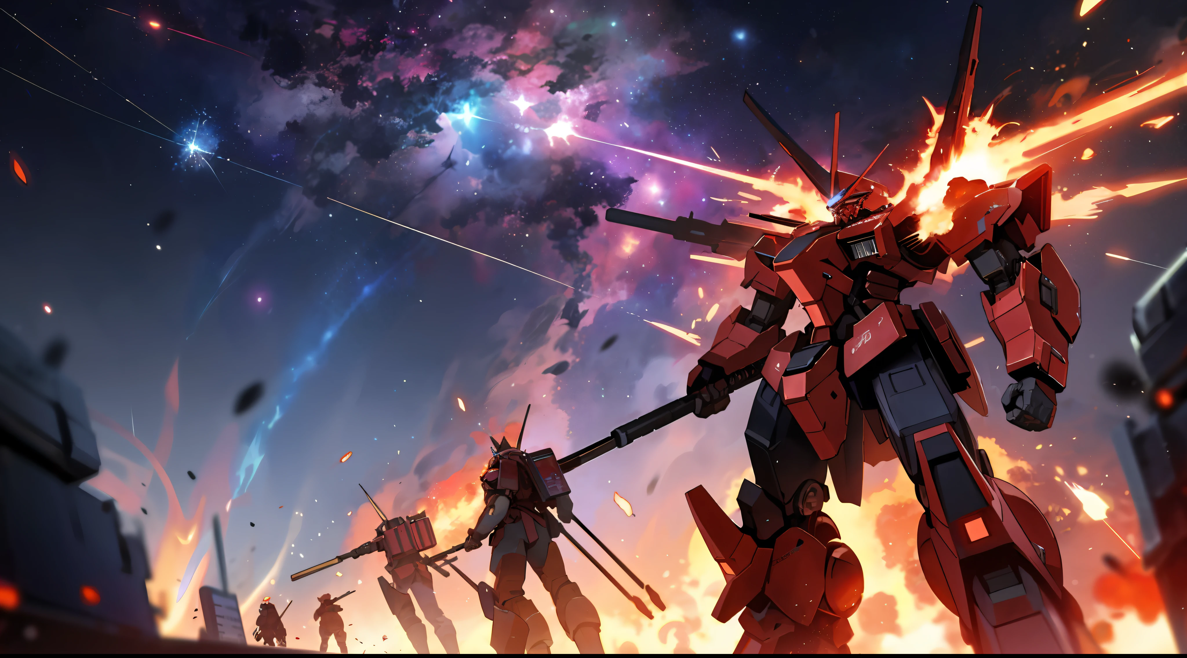 A war of colored armored Cores mechas in a flaming city, red cosmic nebulas sky on fire