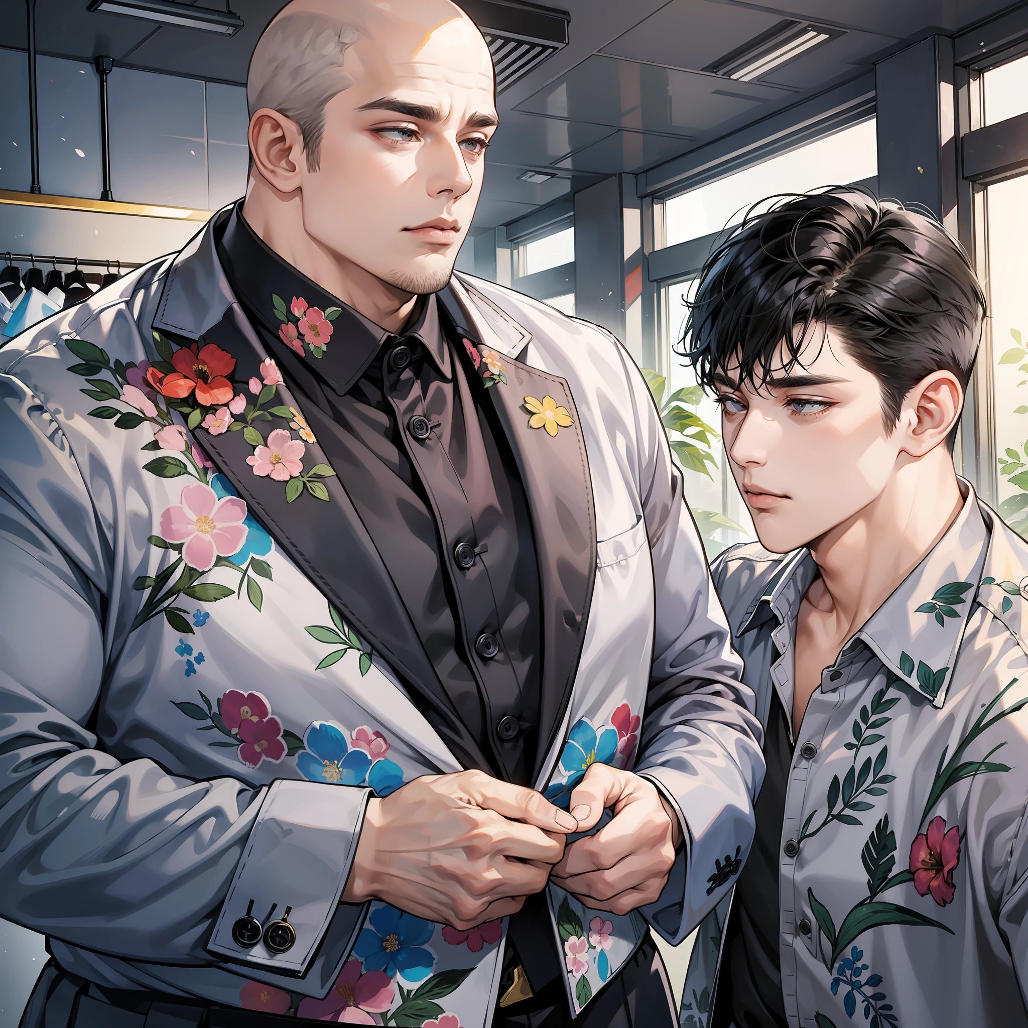 Next to a man (suit, short black hair) stands a fat man (bald head, floral shirt)