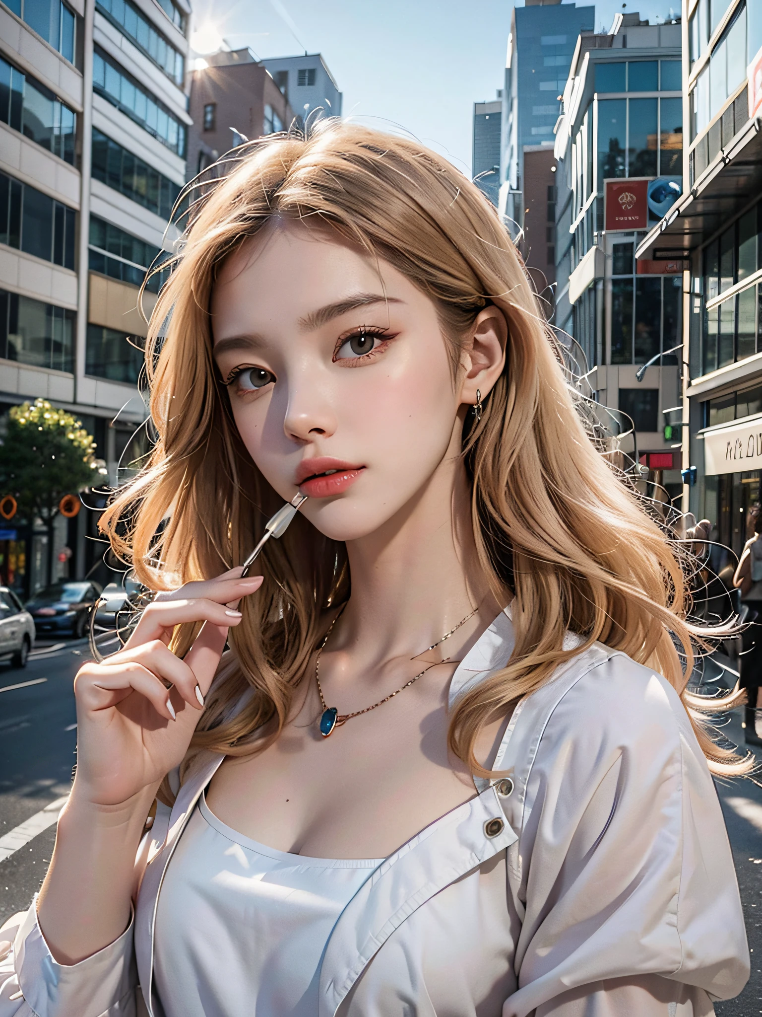 Top Quality, Ultra High Resolution, (8k, RAW Photos, Photorealistic: 1.4), White Skin, Real Human Skin, (Detailed), Oval Face, Pore, One Girl, Slim, (Gentle and Goddess-like Beholder), (Happiness: 1.2), (Lip Gloss, Eyelashes, Gloss Face, Top Quality, Wide Lighting, Natural Shading), Oversized Jacket, fashion shirt, cityscape, detailed fingers