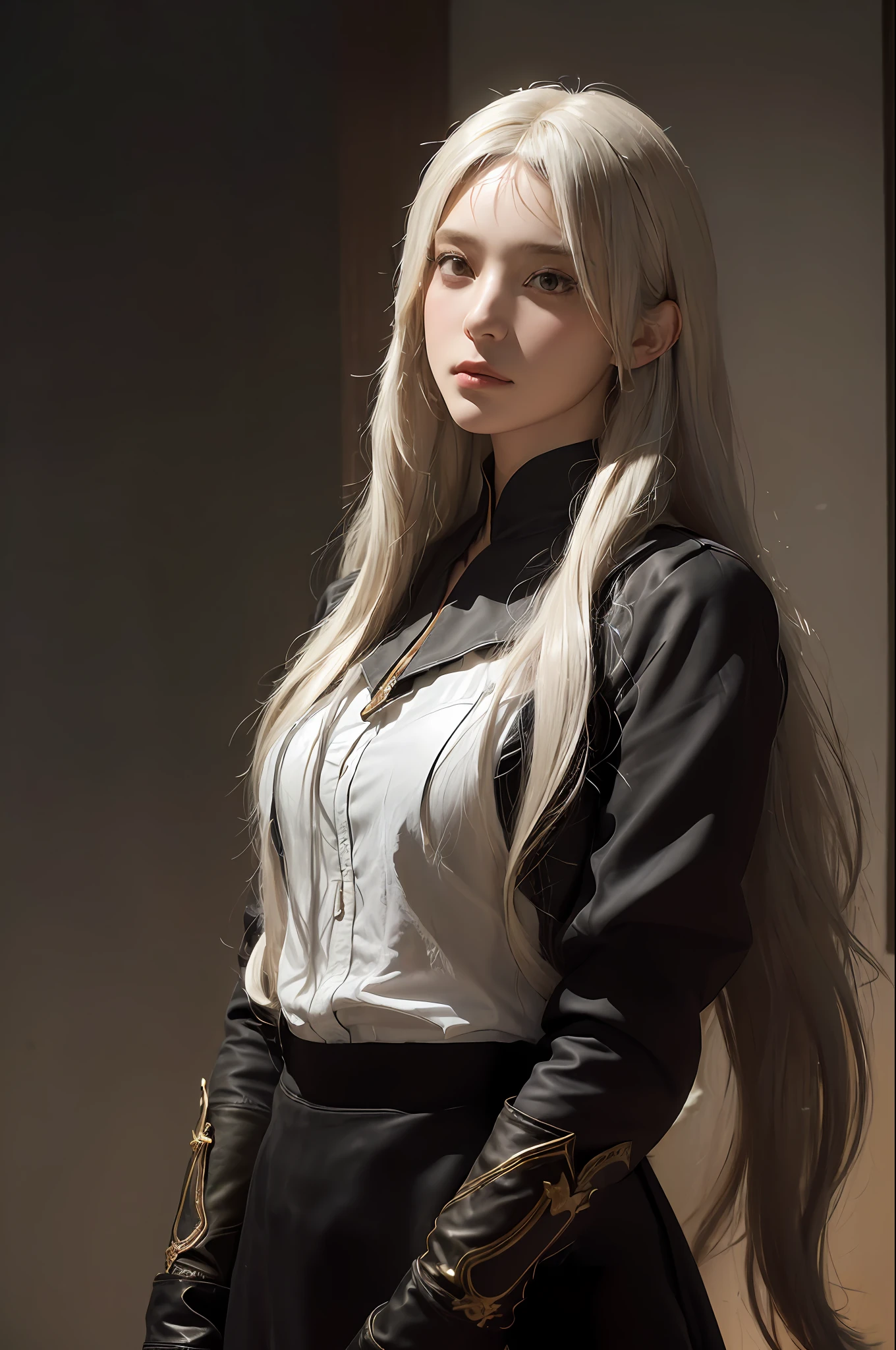 (in the dark:1.6), Hyperrealist portrait of female by david hockney and alphonse mucha,fantasy art, photo realistic, dynamic lighting, artstation, poster, volumetric lighting, very detailed faces, 4 k, award winning,, 1girl, in the dark, deep shadow, low key,cowboy shot,(official clothing:1.4) ,long hair,white hair,