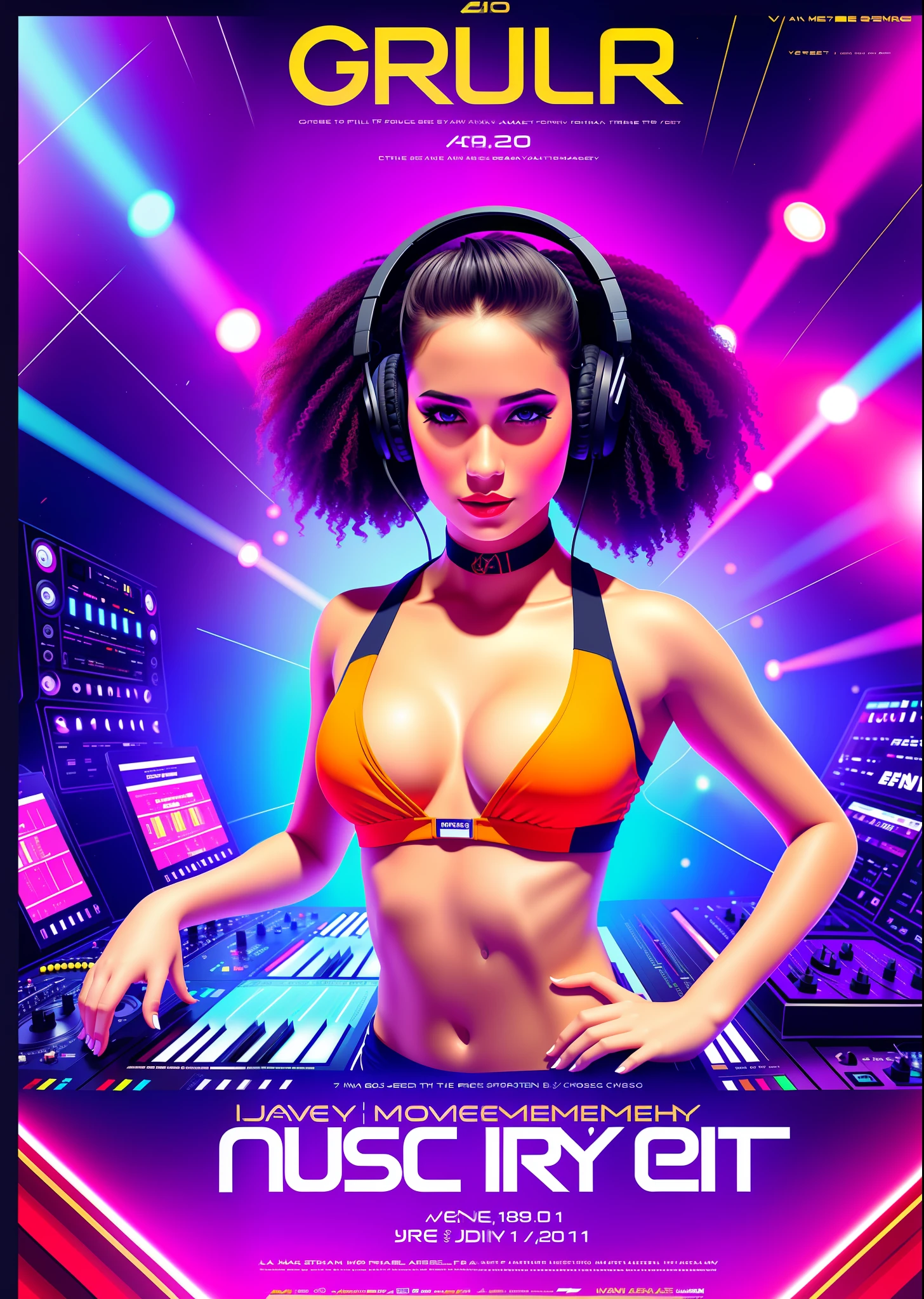 an event poster, music event, a female DJ at the front, 8k, girl, pretty face, sculpted body