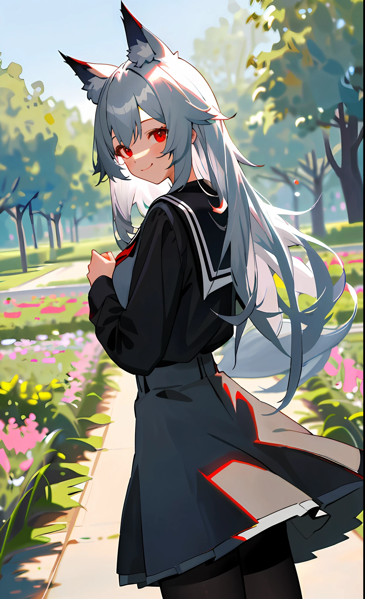masterpiece,1 girl,solo,sila school,big,light smile, outdoors,garden,spring,black_pantyhose,masterpiece, best quality, sfw, cute wolf girl, girl, silver hair, big, red eyes, wolf ears,from behind,look at the viewer,