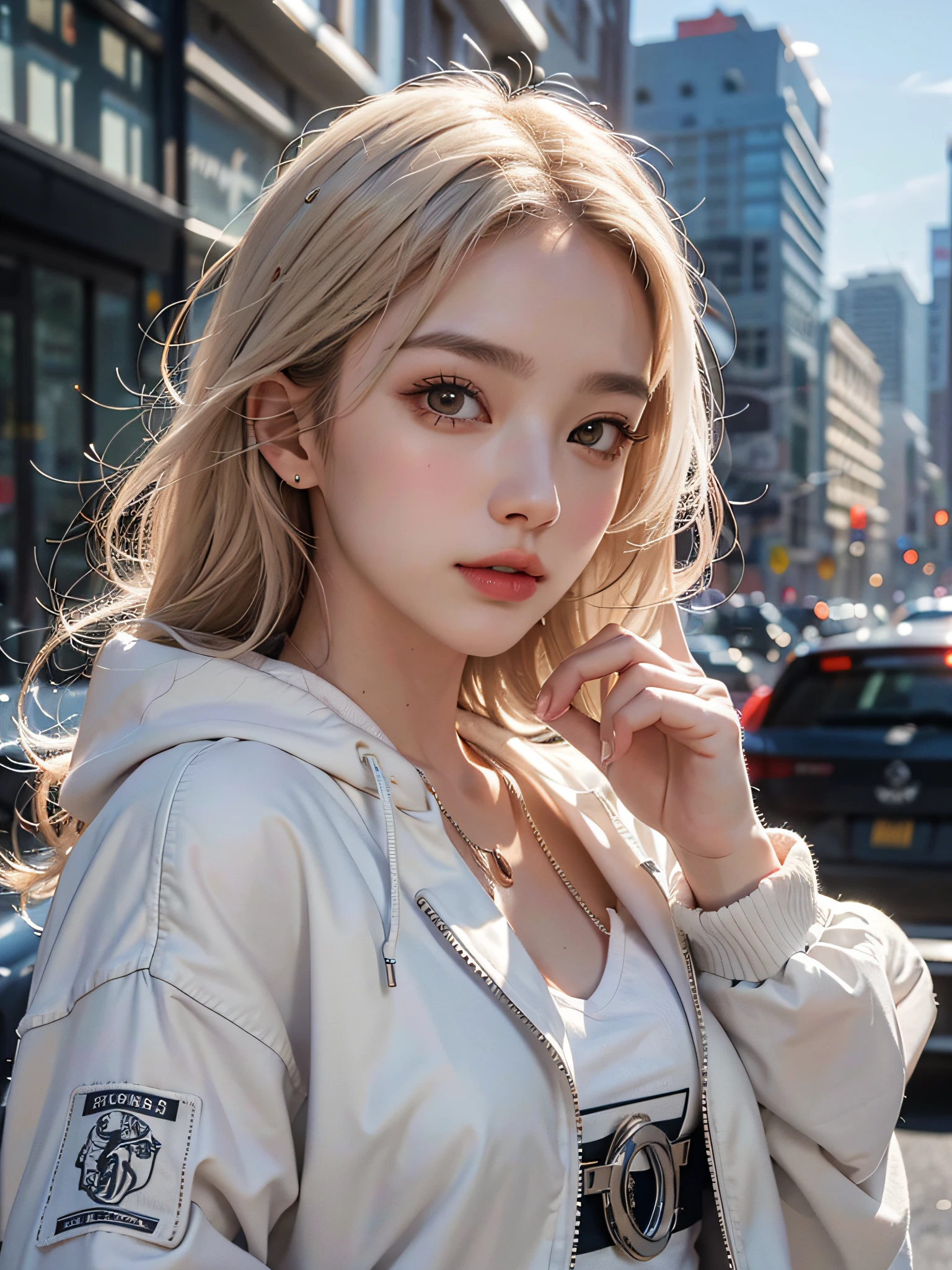 Top Quality, Ultra High Resolution, (8k, RAW Photos, Photorealistic: 1.4), White Skin, Real Human Skin, (Detailed), Oval Face, Pore, One Girl, Slim, (Gentle and Goddess-like Beholder), (Happiness: 1.2), (Lip Gloss, Eyelashes, Gloss Face, Top Quality, Wide Lighting, Natural Shading), Oversized Jacket, fashion shirt, cityscape, detailed fingers
