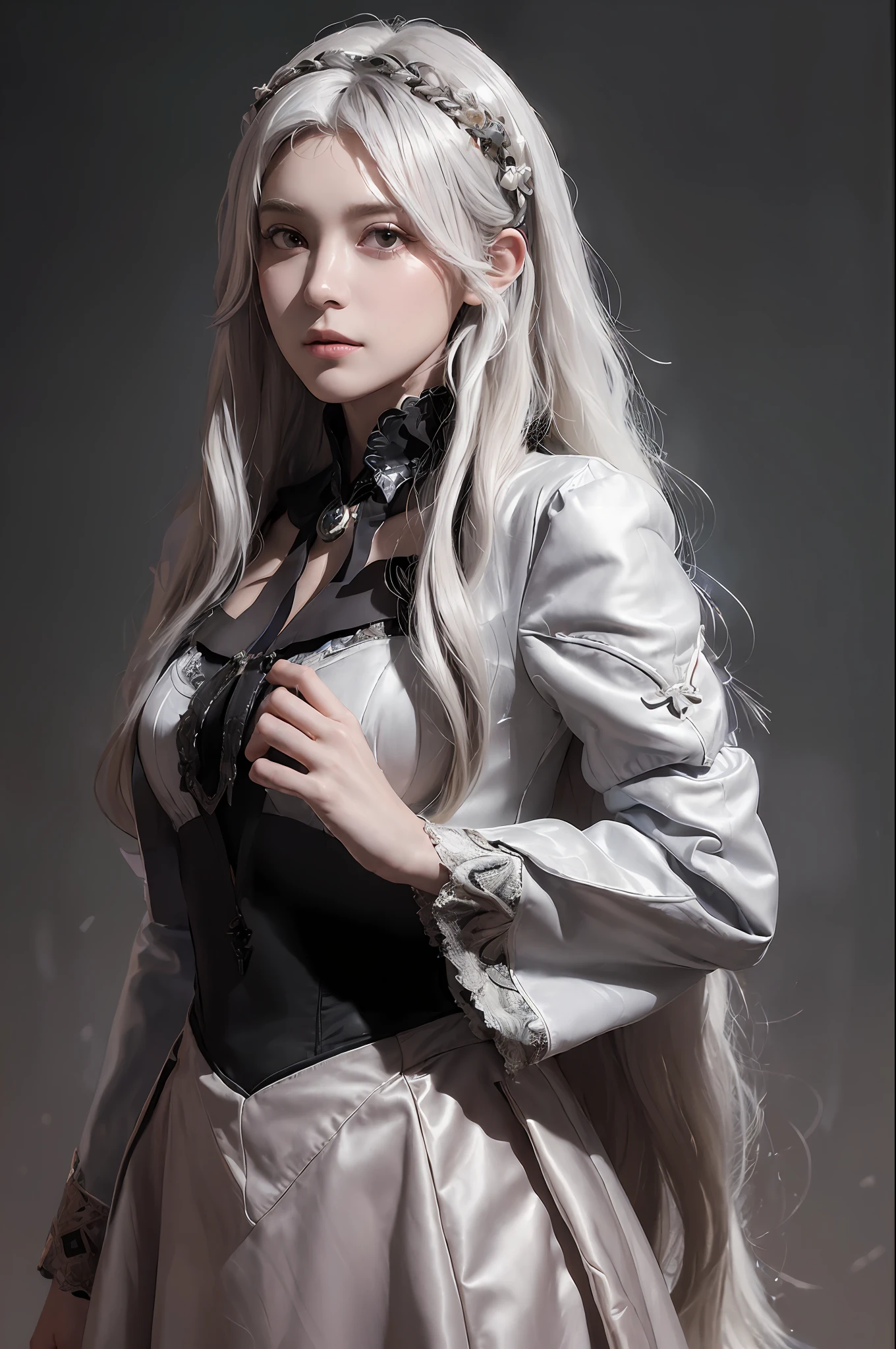 (in the dark:1.6), Hyperrealist portrait of female by david hockney and alphonse mucha,fantasy art, photo realistic, dynamic lighting, artstation, poster, volumetric lighting, very detailed faces, 4 k, award winning,, 1girl, in the dark, deep shadow, low key,cowboy shot,(official clothing:1.4) ,long hair,white hair,