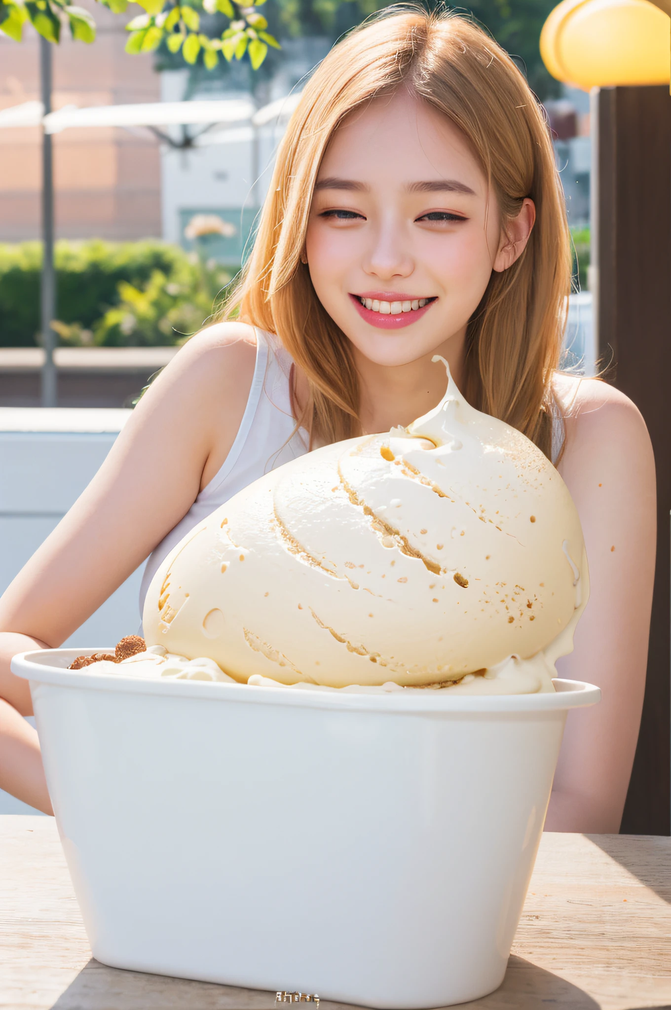 RAW Photography, Portrait Photography
Professional Food Licking Vanilla Milk Cream Ice Cream, Young and Cute One Girl, Full Body, Big, Close Eyes, Smile,
8K UHD, DSLR, Soft Lighting, High Quality, Film Grain, FUJIFILM XT3