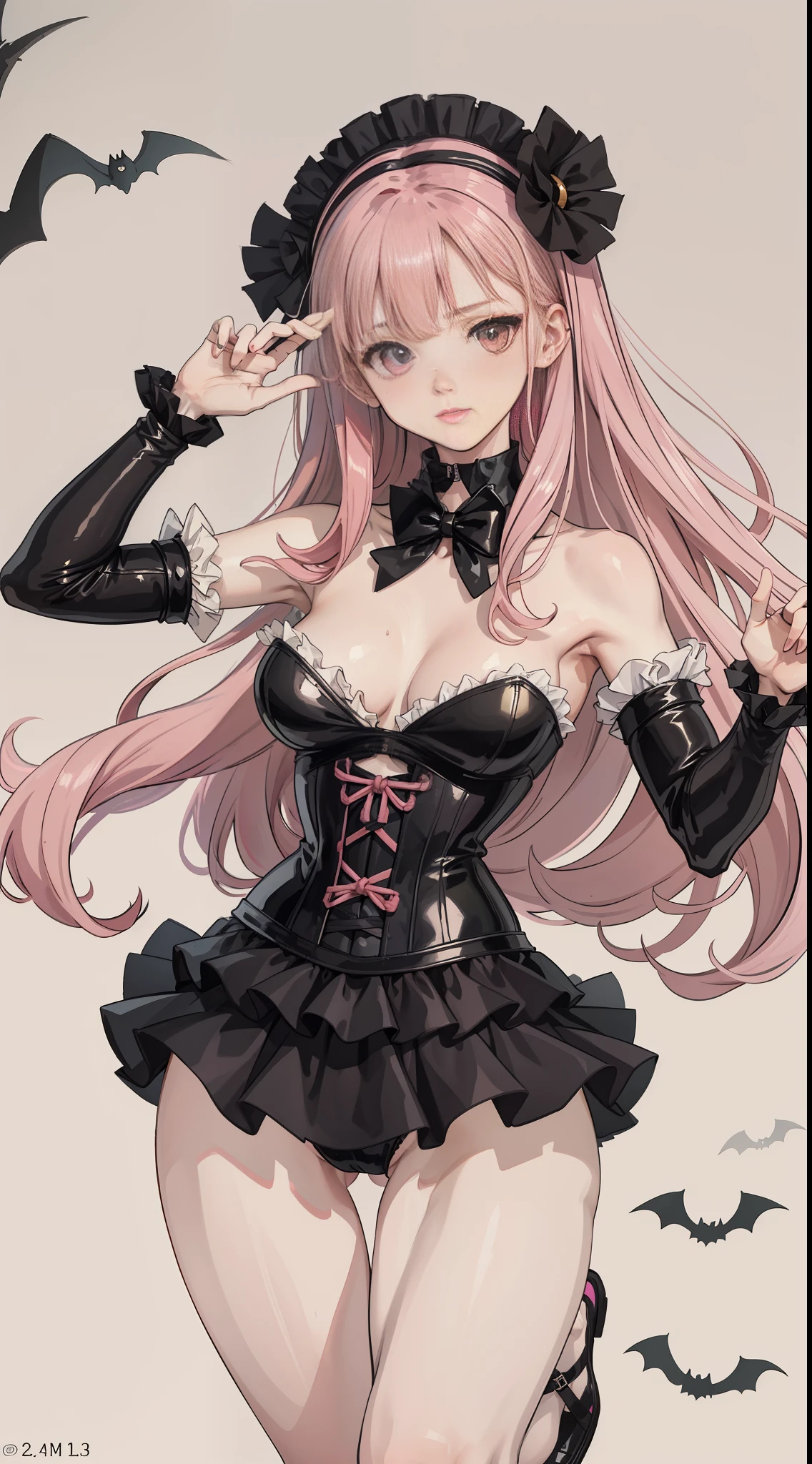 Rubber, black corset, bondage, collar, NSFW, ((best quality, 8k, masterpiece: 1.3))), clear focus: 1.2, (layer cut, large: 1.2), beauty with perfect figure: 1.4, slender abs: 1.2, wet body: 1.5, highly detailed face and skin texture, detailed eyes, double eyelids, long hair, cold white skin pink hair, Halloween, full body, black cat, Halloween
