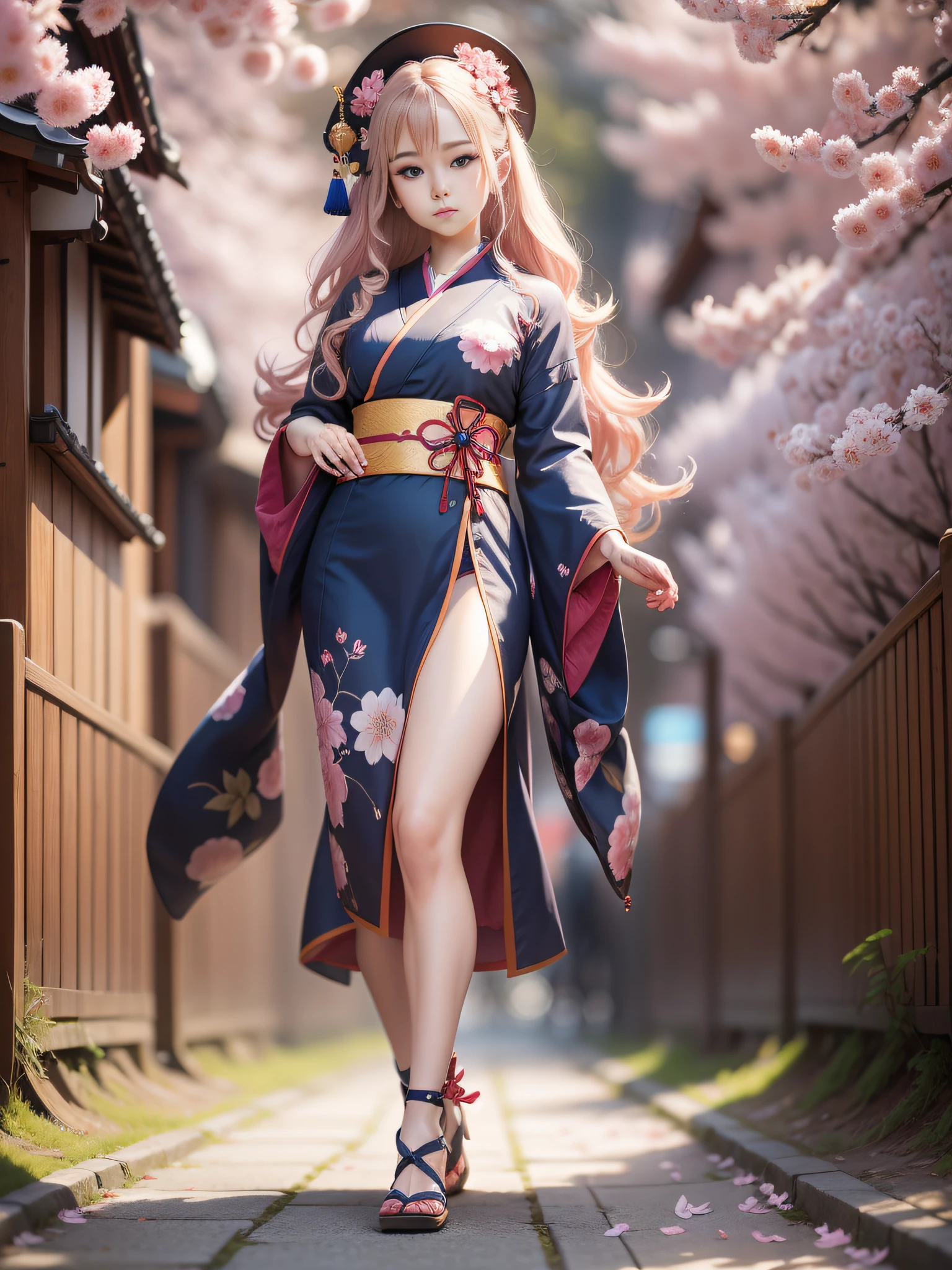 full body,full shot,sfw,beautiful russian girl in the image of a geisha with big bright blue eyes and long fluffy eyelashes Nordic type with a perfect miniature and graceful figure and very long and fluffy wavy wheat-colored hair stands full-length in the alley against a blooming Japanese pink sakura in a Japanese kimono colour NAVY BLUE and Japanese shoes gatte colour NAVY BLUE, The kimono of the girl is laced with intricate patterns of appliqué and embroidery of sakura blossoms, small breasts with bulges are translucent through the fabric, the ground on which the girl stands is studded with sakura petals, scene highly artistic, high resolution, sharp focus, Migjorni-V5 artistic style, hyperphotorealism, perfect proportions, golden ratio, flare, outline, sunlight, soft glow, soft focus, photography technique Monocle