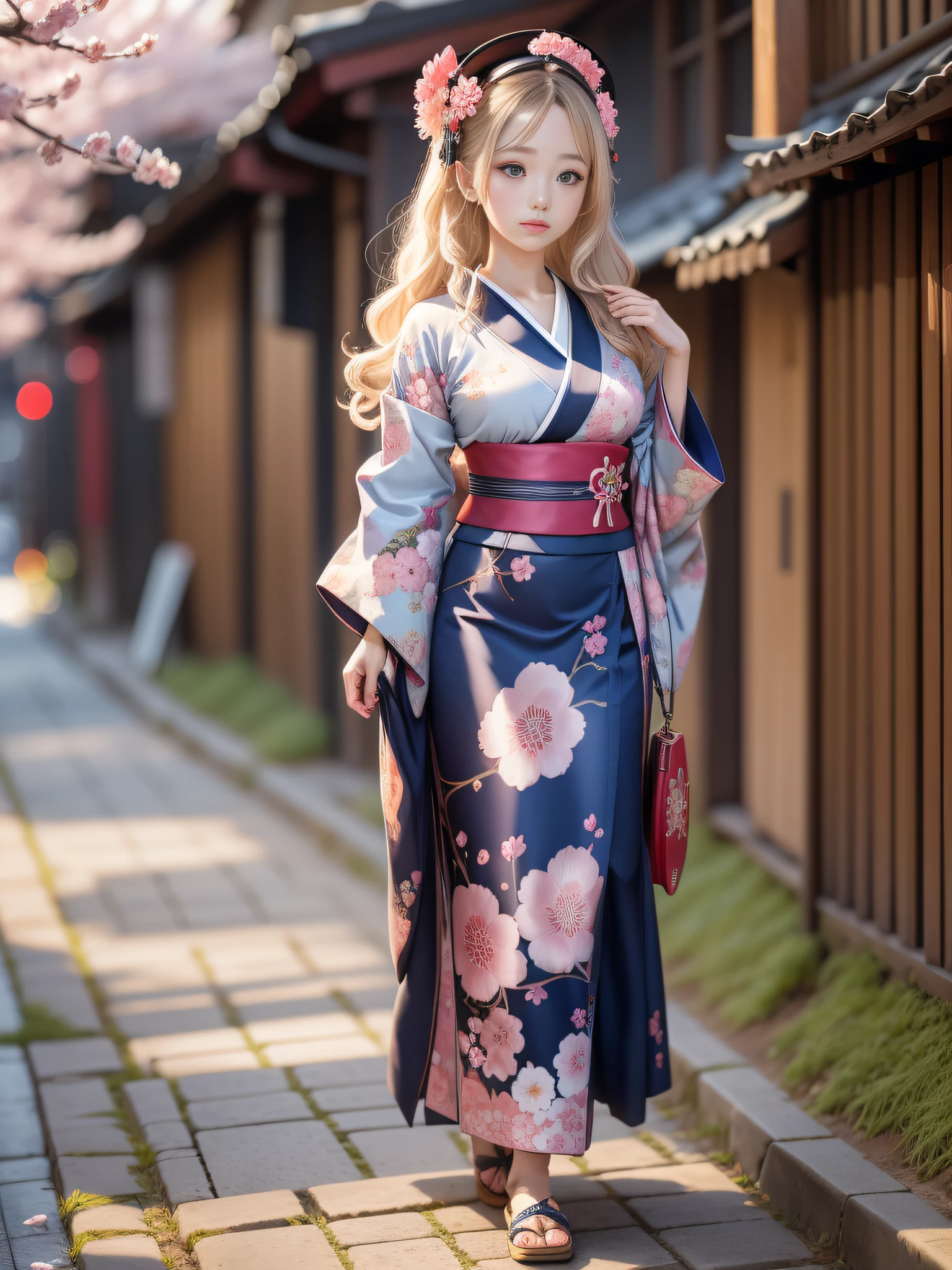 full body,full shot,sfw,beautiful russian girl in the image of a geisha with big bright blue eyes and long fluffy eyelashes Nordic type with a perfect miniature and graceful figure and very long and fluffy wavy wheat-colored hair stands full-length in the alley against a blooming Japanese pink sakura in a Japanese kimono colour NAVY BLUE and Japanese shoes gatte colour NAVY BLUE, The kimono of the girl is laced with intricate patterns of appliqué and embroidery of sakura blossoms, small breasts with bulges are translucent through the fabric, the ground on which the girl stands is studded with sakura petals, scene highly artistic, high resolution, sharp focus, Migjorni-V5 artistic style, hyperphotorealism, perfect proportions, golden ratio, flare, outline, sunlight, soft glow, soft focus, photography technique Monocle