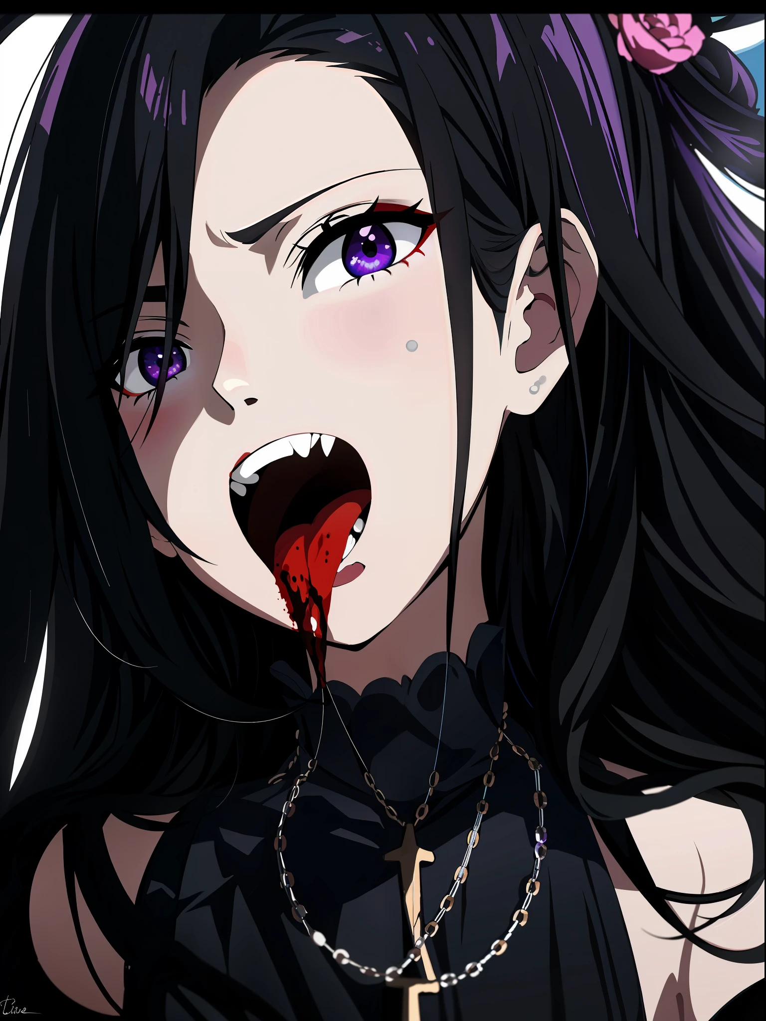 1girl,solo, (8k, best quality, masterpiece:1.37), (RAW photo), (detailed face and eyes), super detailed, best quality, anime girl with super high resolution, black hair and black necklace with blood droplets, portrait of vampire queen in gorgeous black dress, anime girl in black dress, 1 - anime gothic girl, gothic art, detailed fan art, solo, crazy, looking at the audience, high quality fan art, tifa lockhart bare-shouldered, black dress, Black hair, black hair and white teeth in the rain, in the rain, extremely seductive, albedo style of anime overlord, 17 years oll, selected anime stills, black hair, tongue sticking, fangs, blood stains, stained glass purple moonlight and chandeliers.