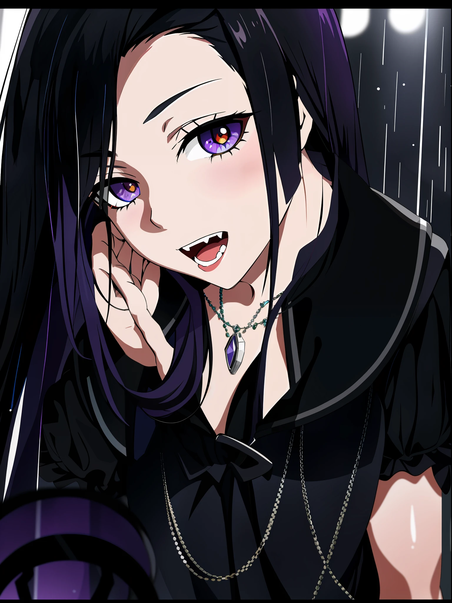 1girl,solo, (8k, best quality, masterpiece:1.37), (RAW photo), (detailed face and eyes), super detailed, best quality, anime girl with super high resolution, black hair and black necklace with blood droplets, portrait of vampire queen in gorgeous black dress, anime girl in black dress, 1 7 - anime gothic girl, gothic art, detailed fan art, solo, crazy, looking at the audience, high quality fan art, tifa lockhart bare-shouldered, black dress, Black hair, black hair and white teeth in the rain, in the rain, extremely seductive, albedo style of anime overlord, 17 years irl, selected anime stills, black hair, tongue sticking, fangs, blood stains, stained glass purple moonlight and chandeliers.