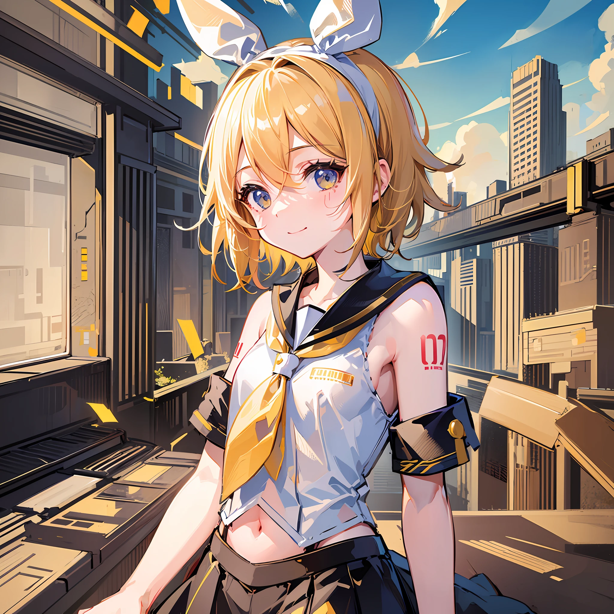 (masterpiece), (highest quality), (illustration), (super detailed), (high resolution), absurdity, one girl, (kagamine-rin), (vocaloid), smile, short hair, white hair ribbon, yellow neckerchief, hair clip, shoulder visible, navel glimpsed, sailor suit, black skirt, (blonde), (tattoo with the number 02 on the right arm), very cute girl, Small, young, delicate, touching the back of the head with left hand, outdoors, attention on girl
