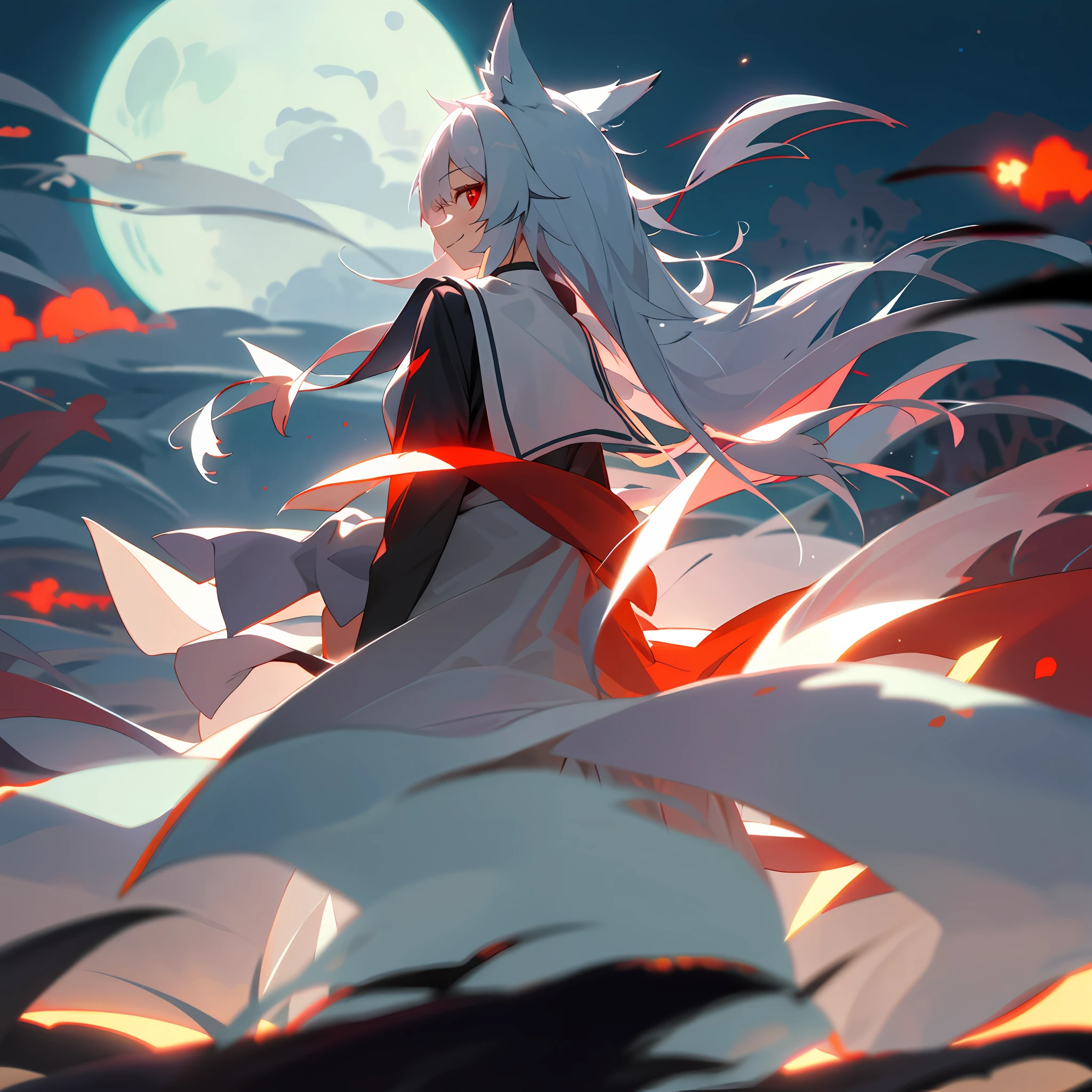 masterpiece,best quality,solo,sila school,big, light smile, outdoors, sfw, cute wolf girl, girl, silver hair, big, red eyes, wolf ears, wolf tail,night, from behind, wind, turn around, depth of field,