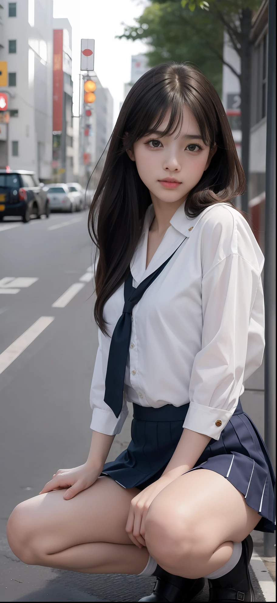 angle from below, Move your center of gravity back, pretty embarrassing, ((((V-string, pubic hair)))), lift(((mini)skirt))thin legs, tight skirts, knees at 90 degrees, heels on the ground on, hands in front of my feet, kneeling down to ((spread legs)), sidewalk, RAW photos, 8K, highest quality, ultra-high resolution, beautiful faces detailed, real human skin, gentle expressions, Front view, long hair, realistic, photorealistic, cute, (((mini)skirt)), deep in the city, cute school girl, Japanese schoolgirl uniform, wearing Japanese school uniform, surreal high school girl, whole body, (NSFW)