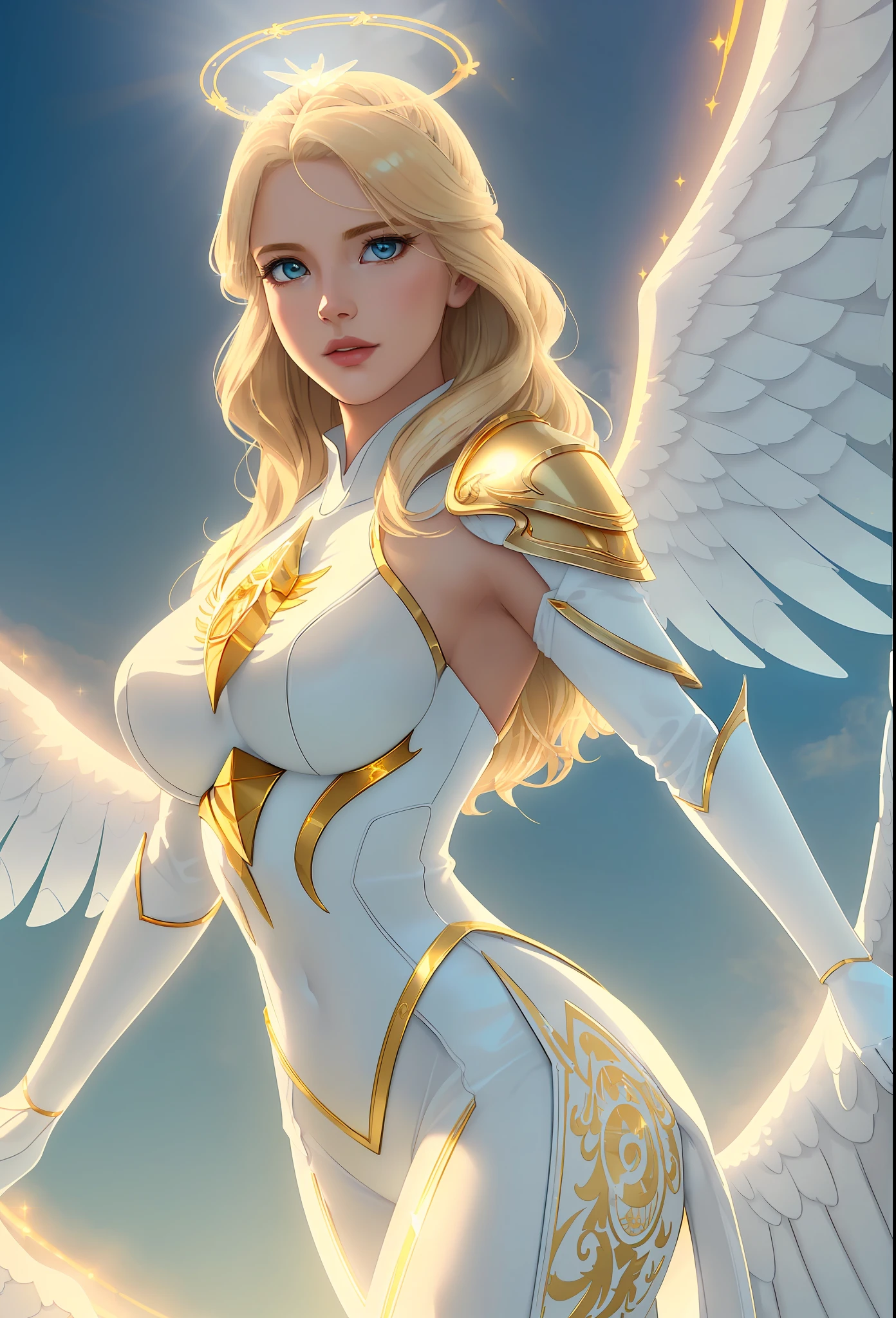 ((best quality)), ((masterpiece)), ((ultra realistic)), (dynamic sexy pose), RAW, analogue, a beautiful blonde female archangel, Soft facial features, white feathered wings, (white enamel armor with detailed golden scroll work), ((sheer white silk)), (((glowing gold halo))), in the sky, (heavenly gold lined clouds), professional full body shot, dramatic cinematic lighting, neon edge lighting,