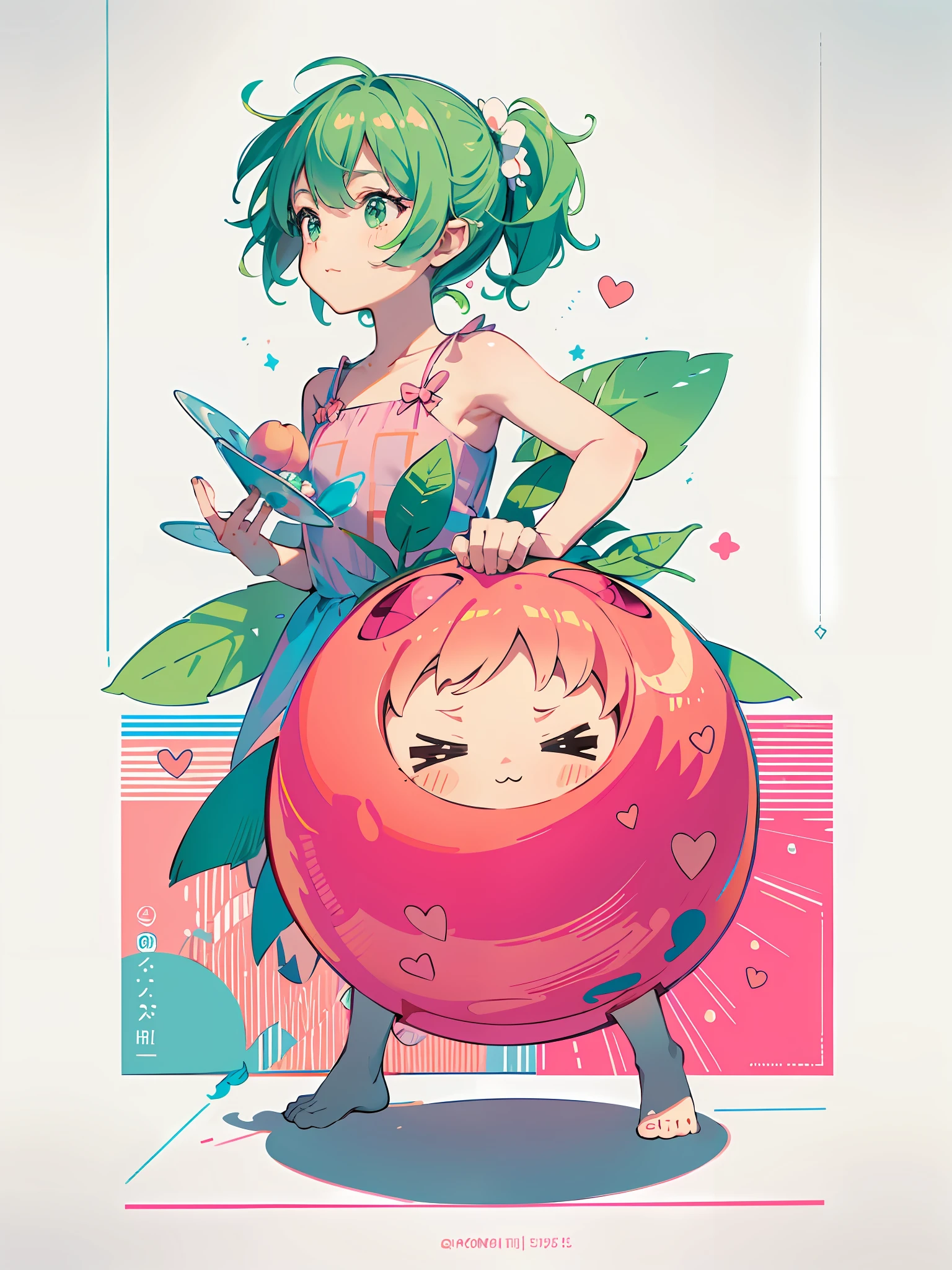 Peach, Kids, Summer Party, Poster, Minimalism, Flat Illustration, Pink and Green Color Scheme, Happy, Cute and Childlike, Monochrome Line Drawing, Memphis, Geometric Shapes, Girl Pink, Elf, Toys, Multiple Actions --auto --s2