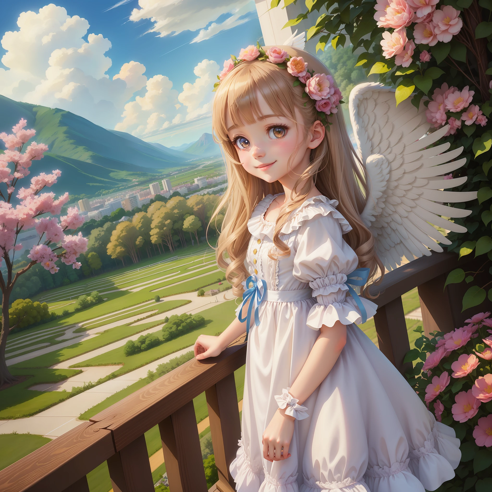 anime girl with angel wings standing on balcony with valley view, beautiful angel girl, , angel girl, beautiful angel, little lolil, loli in s, beautiful angel girl, beautiful anime girl, beautiful anime, beautiful fantasy anime, angelic purity, beautiful angel girl portrait, cute anime girl, cute detailed digital art, bright smile