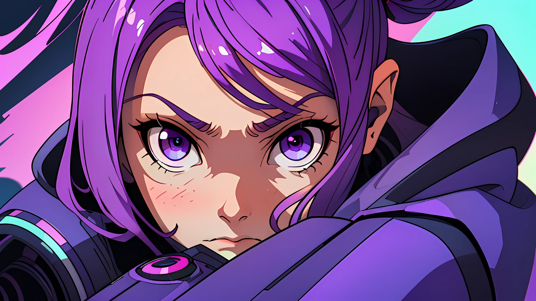 "(masterpiece, best quality), Cybernetic Owl, looking directly at the viewer, blurred background, sharp outline, vivid purple eyes, closed framing, contemporary atmosphere."