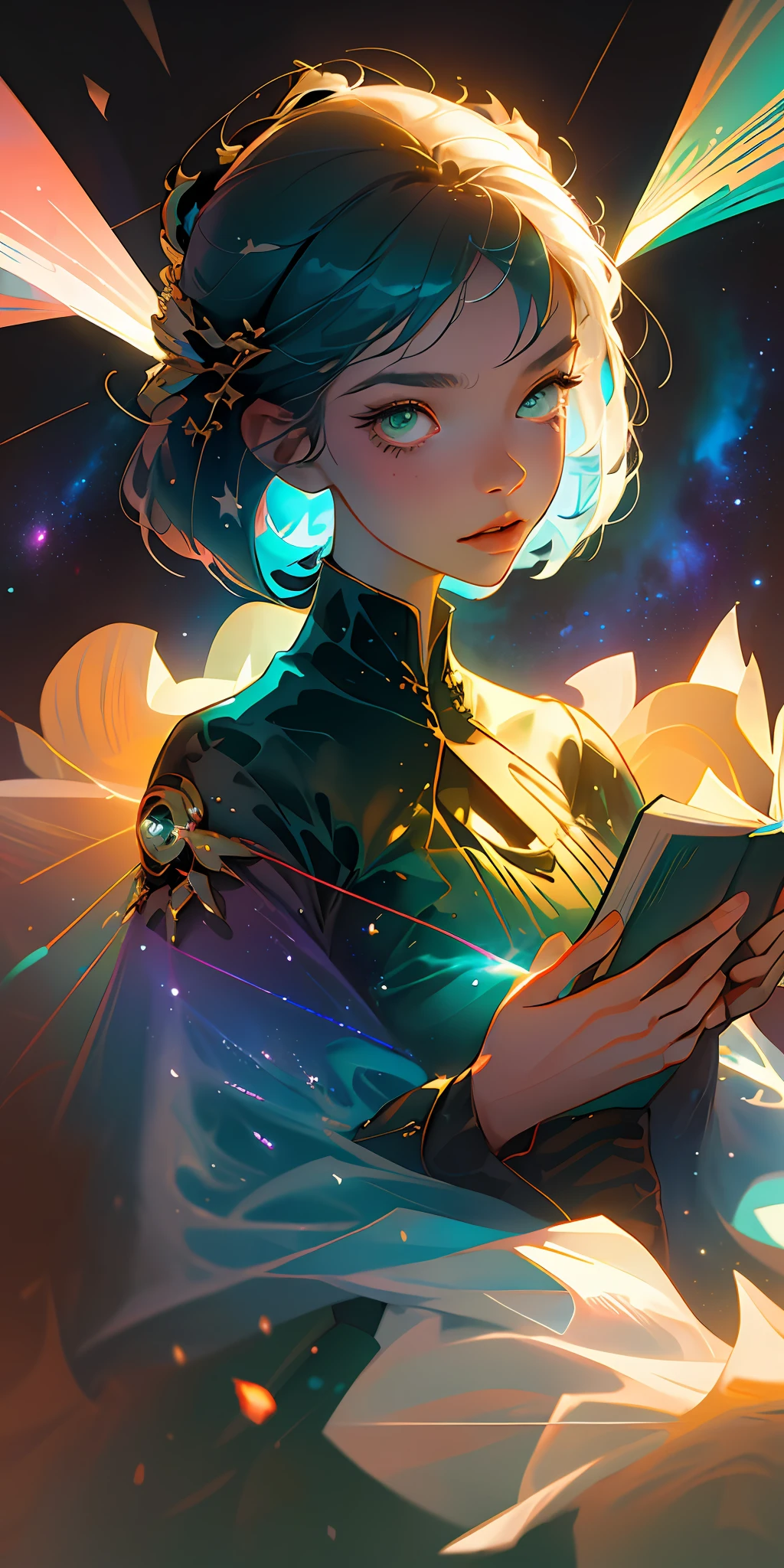 (best quality, masterpiece), 1girl, reading a book, particle, wind, flower, upper body, simple background, looking at viewer, rainbow colored hair, teal short floating dress, cosmic, nebulas, galaxy