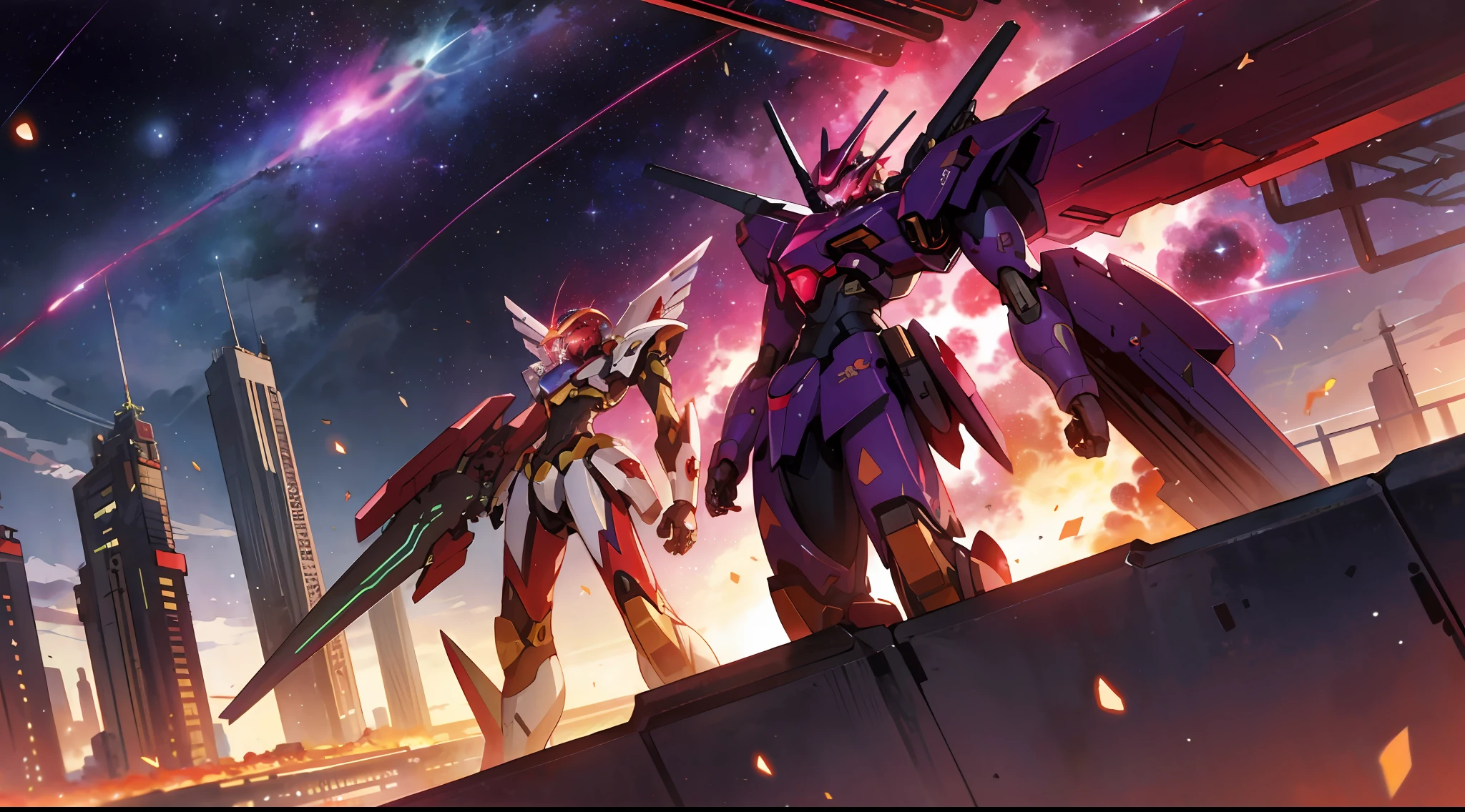 A war of colored rayearth mechas in a cyberpunk metropolis, red cosmic nebulas and stars in the sky