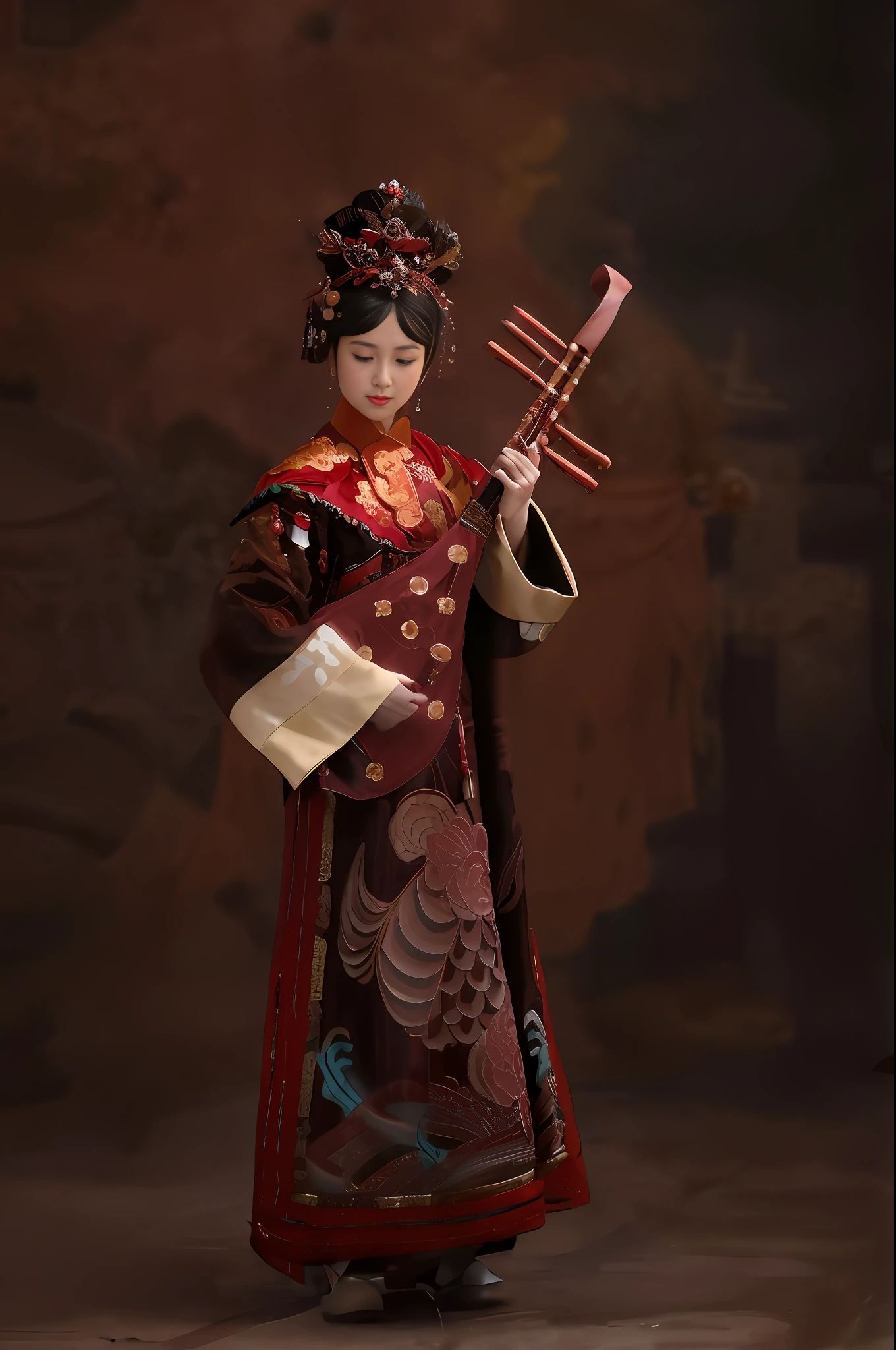 arafed woman in a red and gold dress holding a musical instrument, ancient chinese princess, chinese empress, palace , a girl in hanfu, wearing ancient chinese clothes, with acient chinese clothes, ancient asian dynasty princess, wearing ornate silk clothes, traditional chinese clothing, hanfu, chinese costume, inspired by Li Mei-shu, chinese princess, ancient chinese goddess