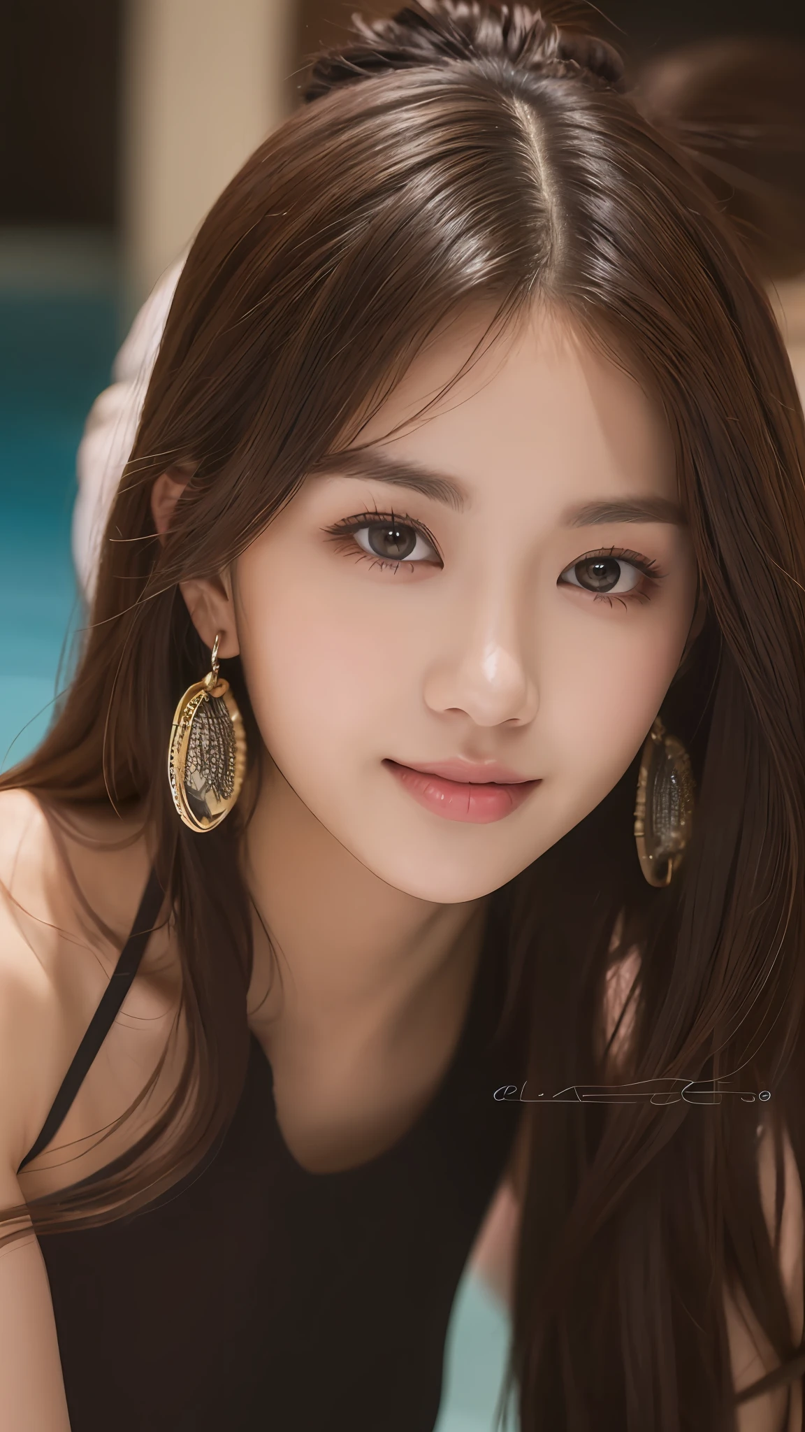((Top Quality, 8k, Masterpiece: 1.3)), 1 Girl, Smile, Full Body, Slim Face, Pretty Woman, (Dark Brown Hair), Lingerie: 1.1, Ultra Detailed Face, Detailed Eyes, Double Eyelids, Blurred Background, Slim Face, Pool, Bikini