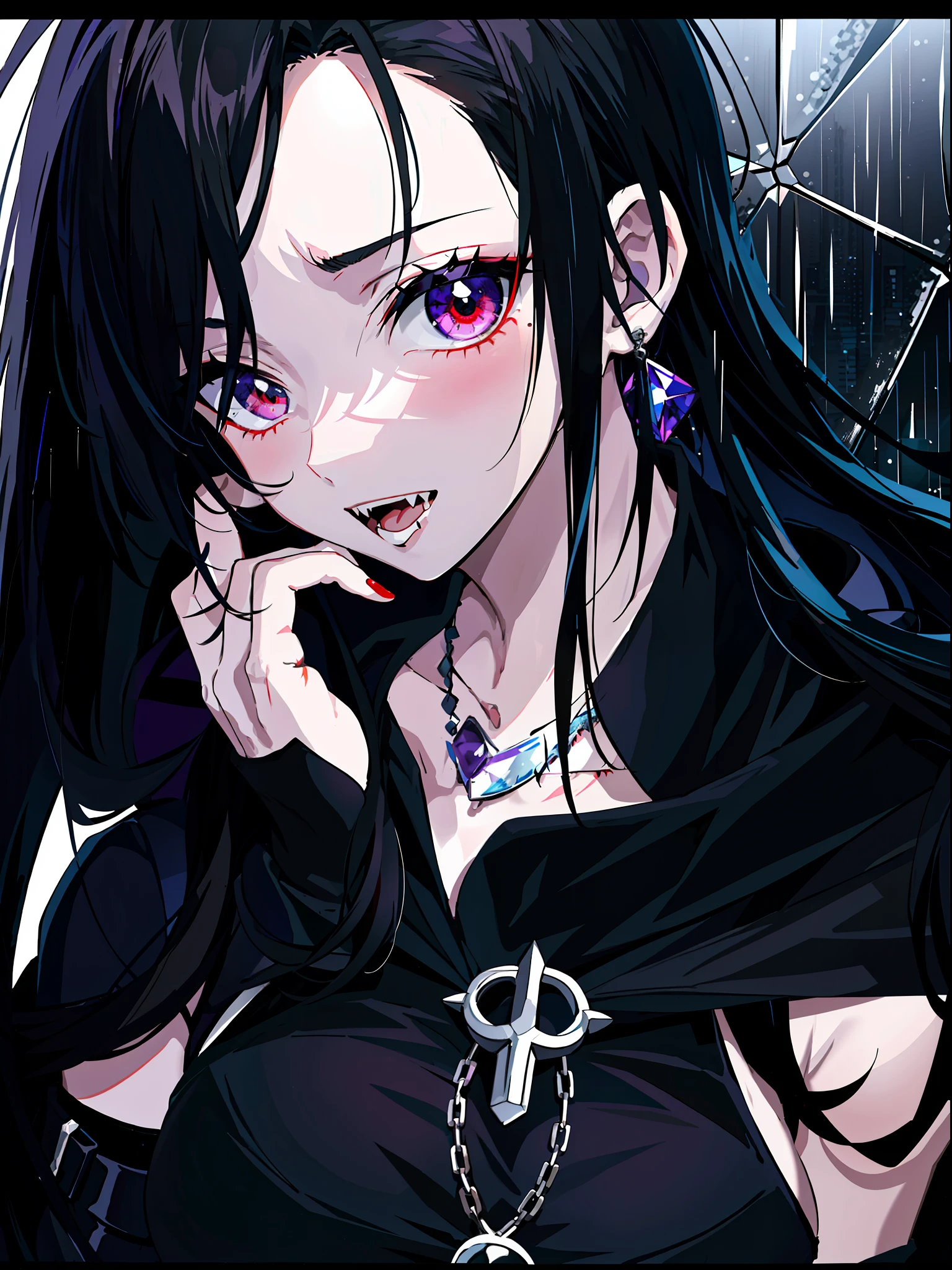 1girl,solo, (8k, best quality, masterpiece:1.37), (RAW photo), (detailed face and eyes), super detailed, best quality, anime girl with super high resolution, black hair and black necklace with blood droplets, portrait of vampire queen in gorgeous black dress, anime girl in black dress, 1 7 years old - anime gothic girl, gothic art, detailed fan art, solo, crazy, looking at the audience, high quality fan art, tifa lockhart bare-shouldered, black dress, Black hair, black hair and white teeth in the rain, in the rain, extremely seductive, albedo style of anime overlord, 17 years old gothic girl, selected anime stills, black hair, tongue sticking, fangs, blood stains, stained glass purple moonlight and chandeliers.