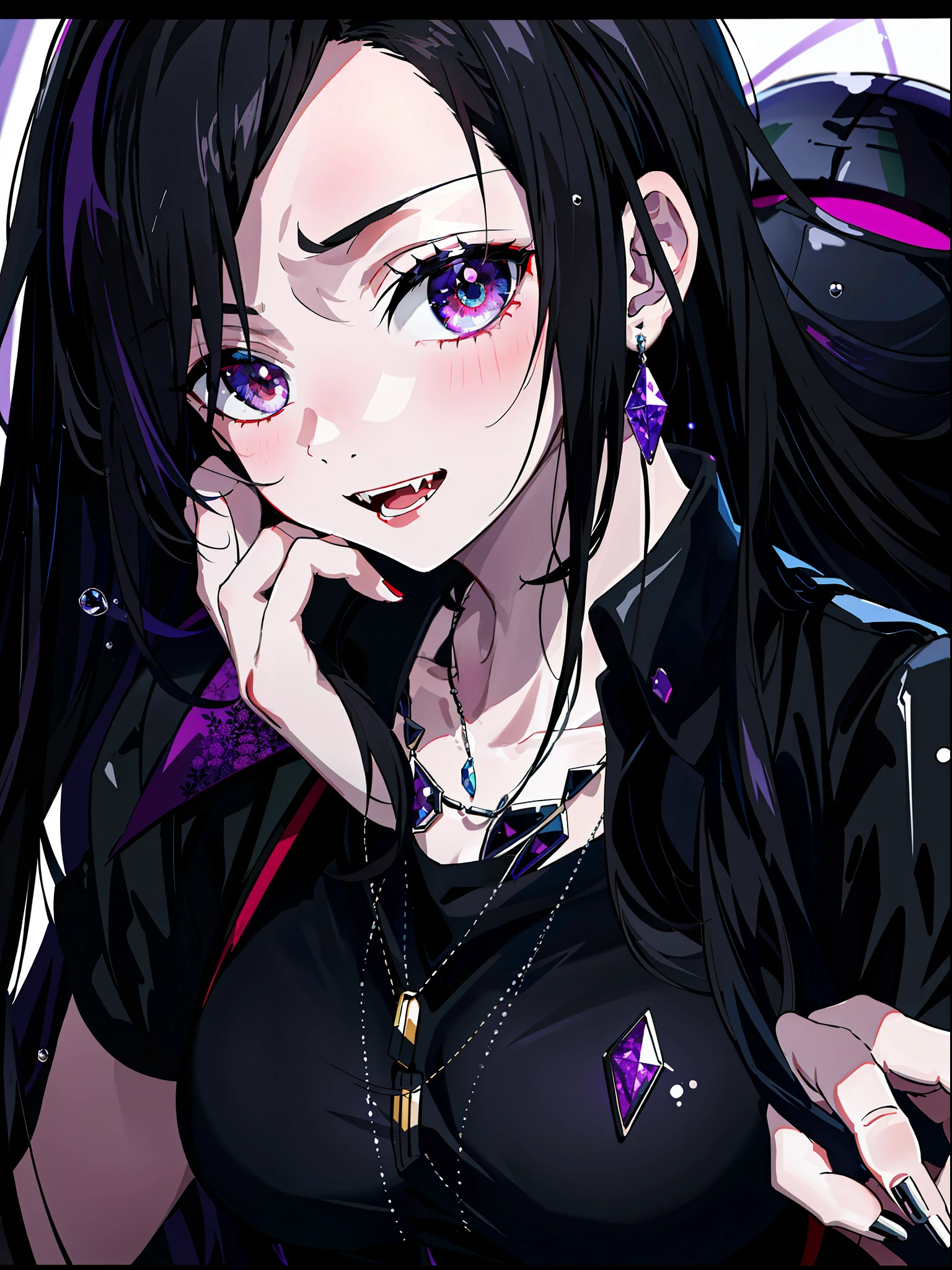 1girl,solo, (8k, best quality, masterpiece:1.37), (RAW photo), (detailed face and eyes), super detailed, best quality, anime girl with super high resolution, black hair and black necklace with blood droplets, portrait of vampire queen in gorgeous black dress, anime girl in black dress, 1 - anime gothic girl, gothic art, detailed fan art, solo, crazy, looking at the audience, high quality fan art, tifa lockhart bare-shouldered, black dress, Black hair, black hair and white teeth in the rain, in the rain, extremely seductive, albedo style of anime overlord, 17 years oll, selected anime stills, black hair, tongue sticking, fangs, blood stains, stained glass purple moonlight and chandeliers.