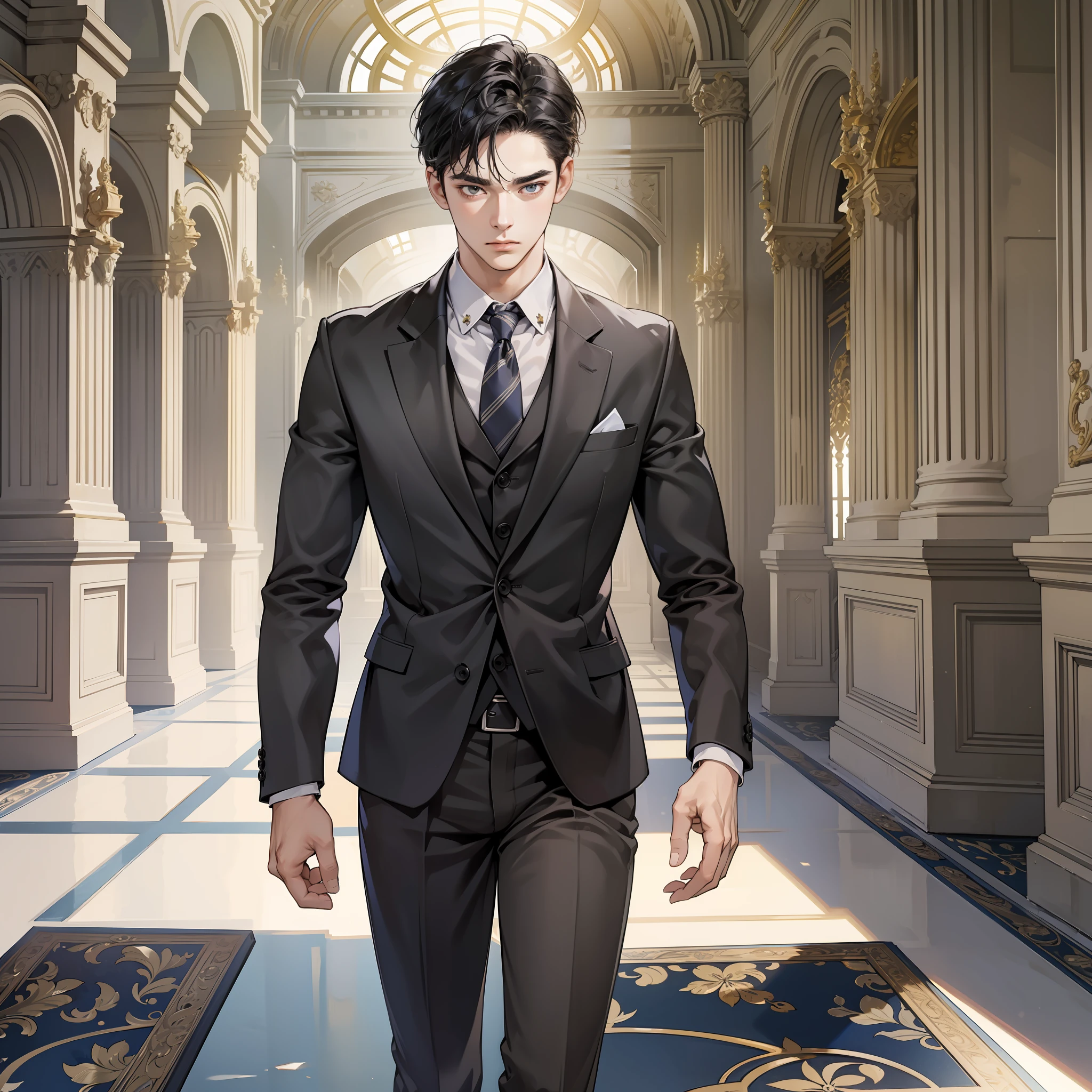 Masterpiece, high quality, best quality, HD, realistic, perfect lighting, detailed face, detailed body, 1 man, short black hair, suit, (surprised expression: 1.5) (face surprise: 1.5), standing in a palatial hall