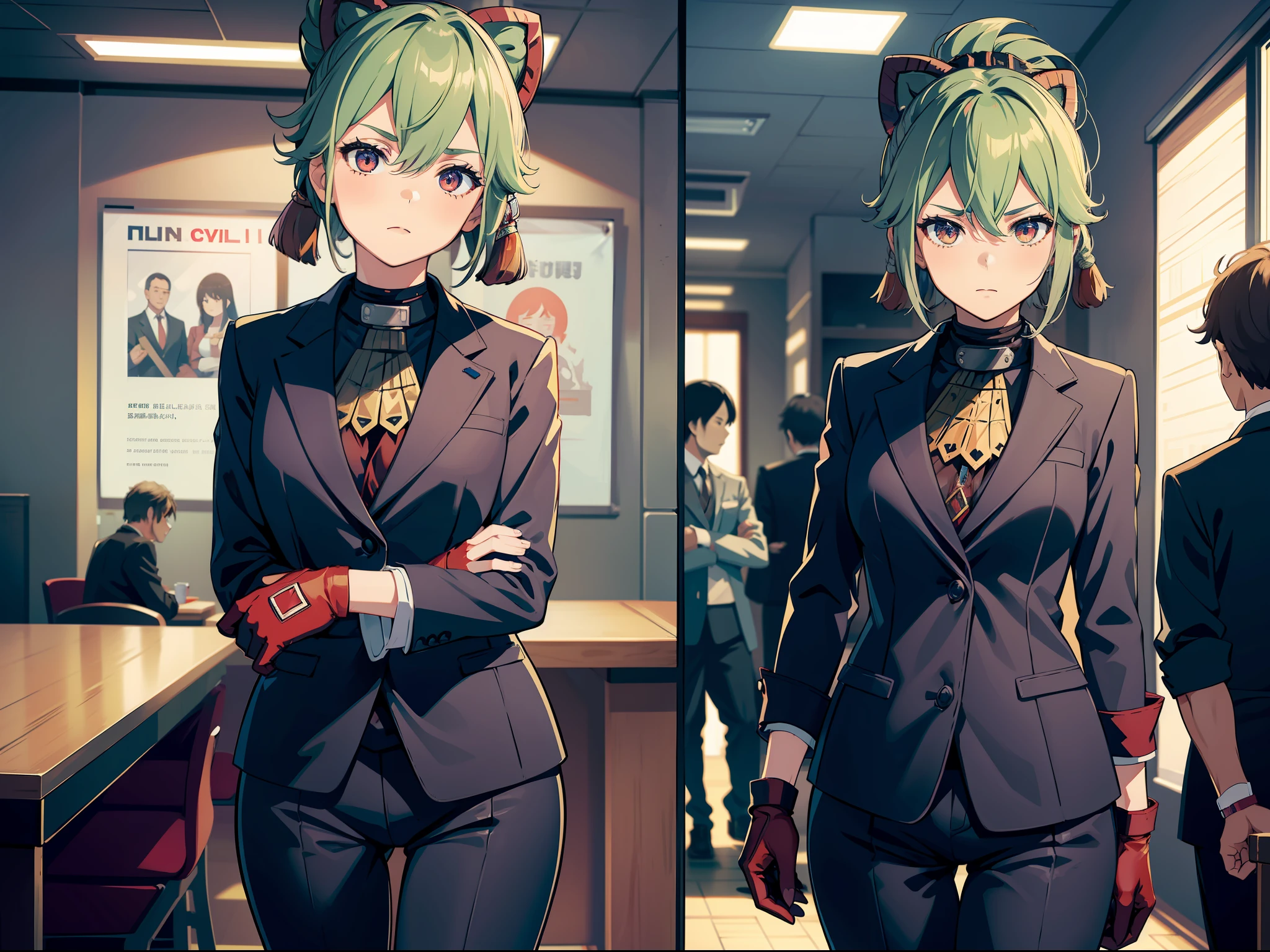 KShinobuV4, 1girl, solo, small breasts, gloves, hair between eyes, standing, full body, mask, in court, public speech, lawyer, suit attire, in front of table, explaining, cowboy shot, masterpiece, best quality