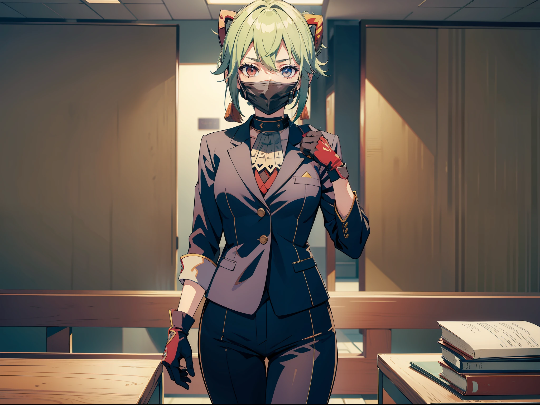 KShinobuV4, 1girl, solo, small breasts, gloves, hair between eyes, standing, full body, mask, in court, public speech, lawyer, suit attire, in front of table, explaining, cowboy shot, masterpiece, best quality